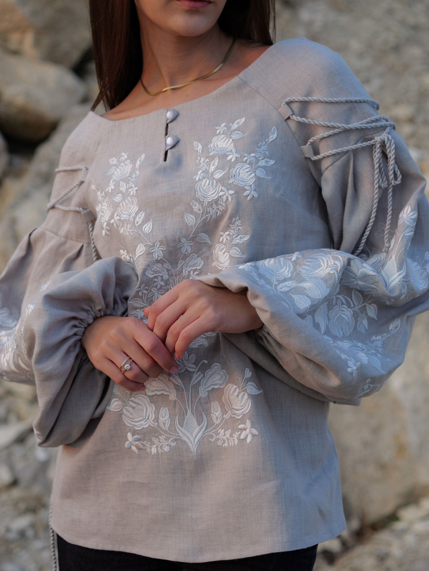 Gray Ukrainian Embroidered Vyshyvanka Blouse - Bohemian Ethnic Peasant Shirt