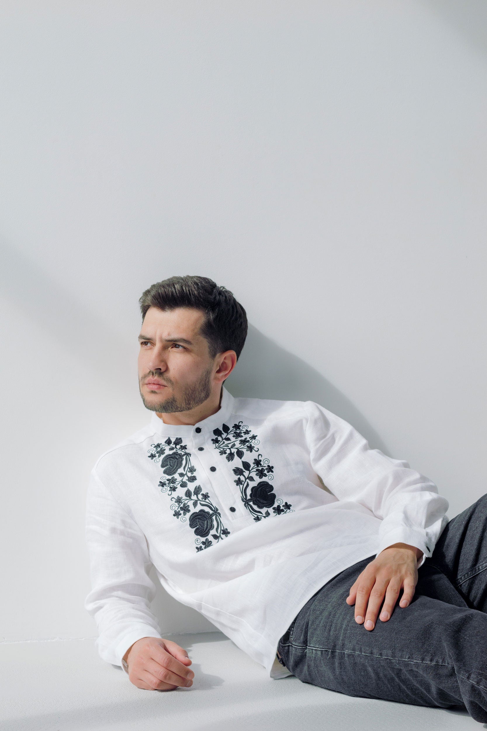 Men's White Linen Ukrainian Vyshyvanka with Black Embroidery