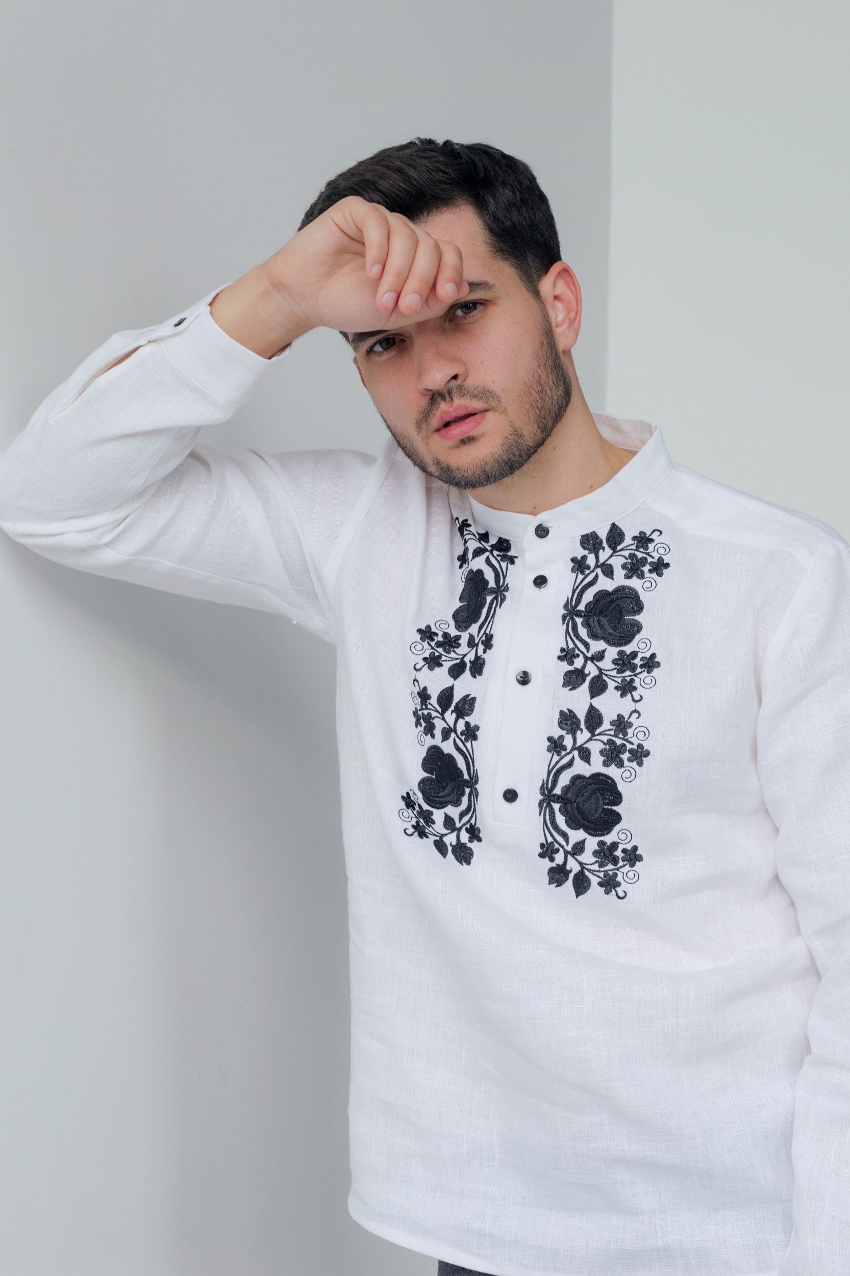 Men's White Linen Ukrainian Vyshyvanka with Black Embroidery