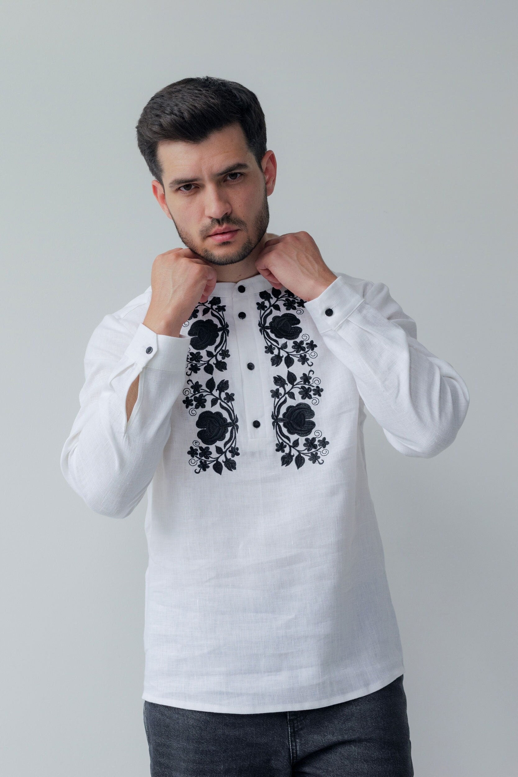 Men's White Linen Ukrainian Vyshyvanka with Black Embroidery