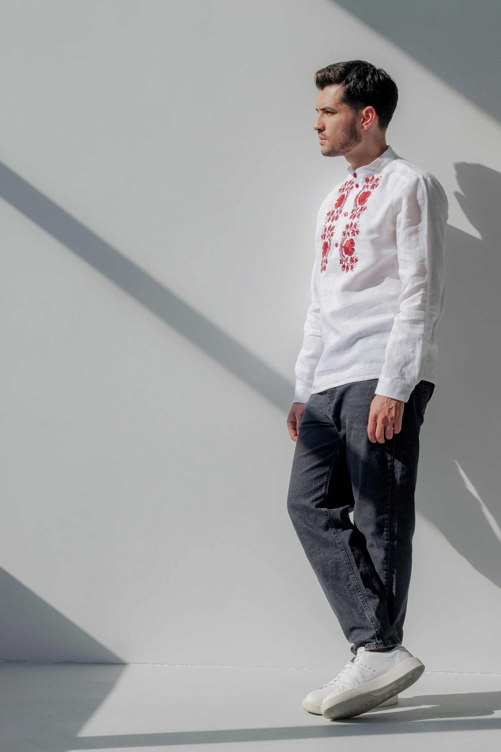 White Linen Vyshyvanka for Men - Red Embroidered Ukrainian Shirt