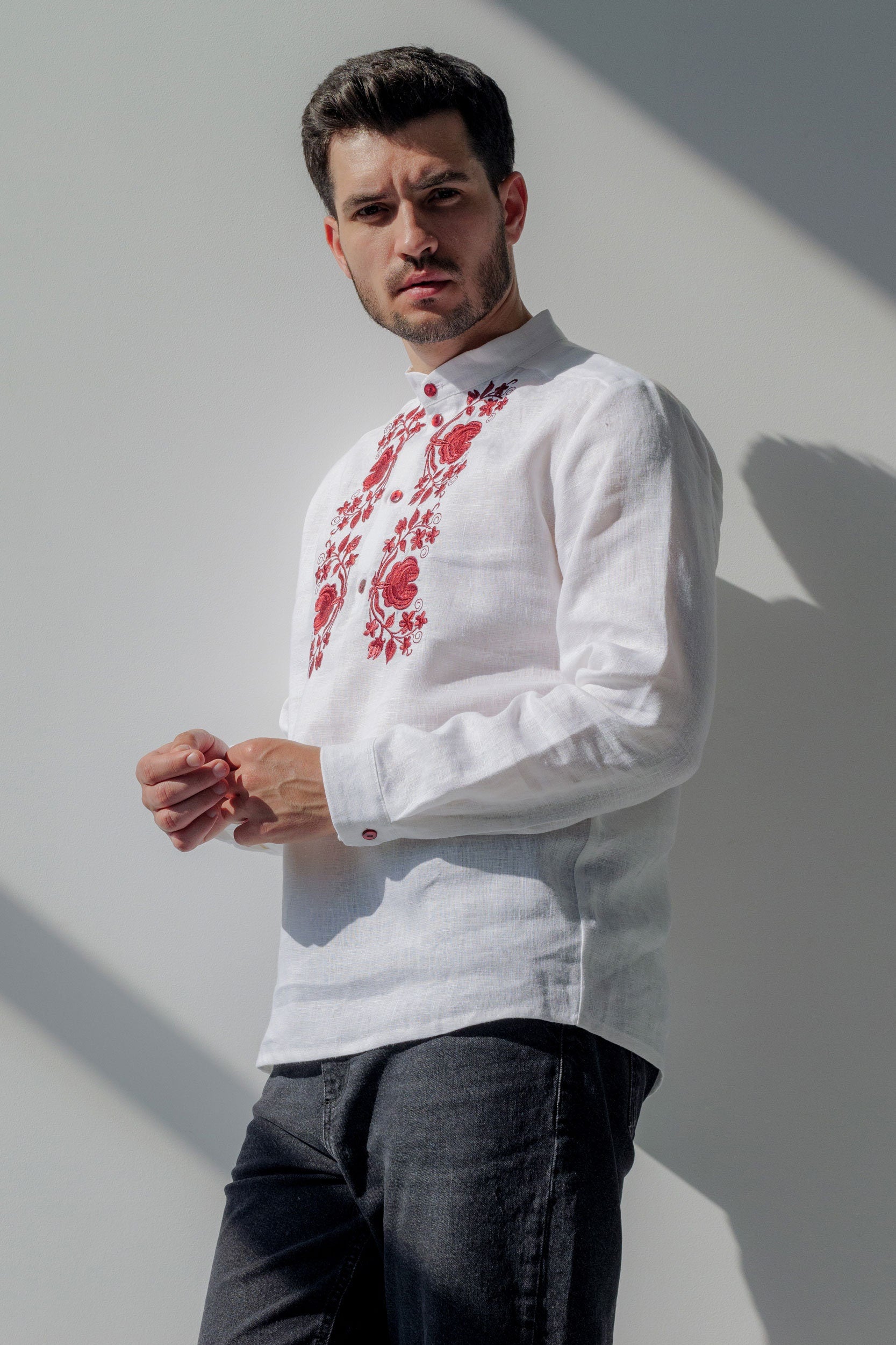 White Linen Vyshyvanka for Men - Red Embroidered Ukrainian Shirt
