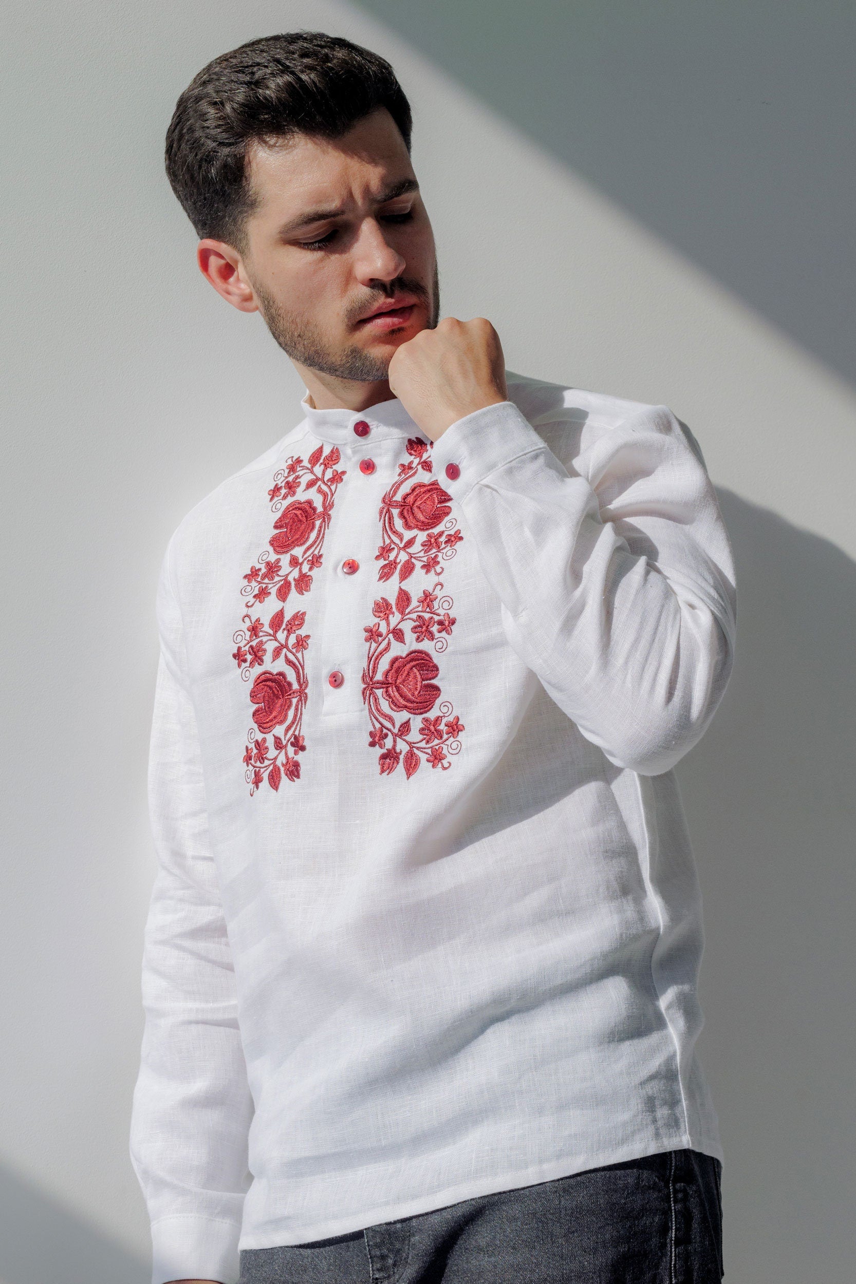 White Linen Vyshyvanka for Men - Red Embroidered Ukrainian Shirt