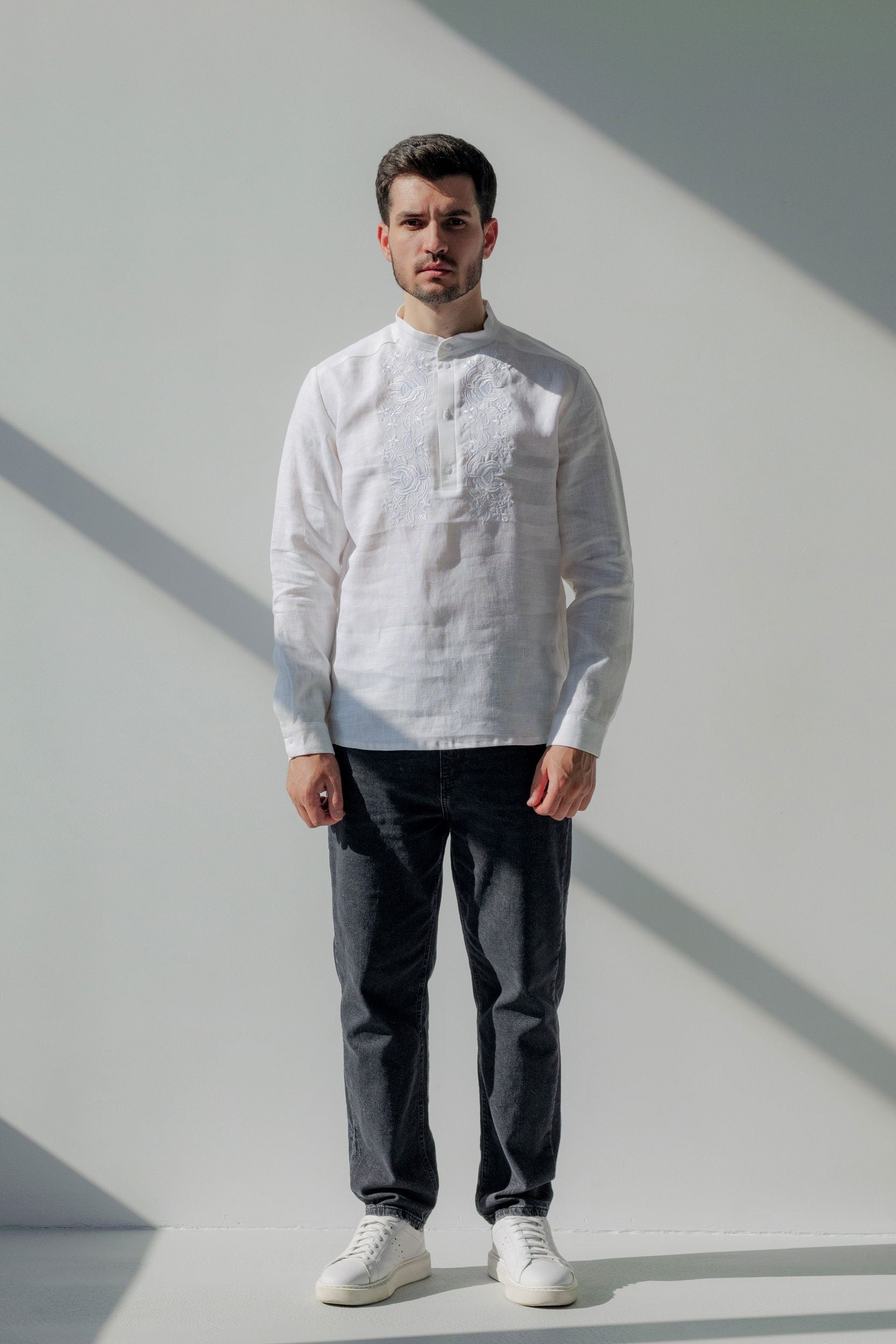 Men's White Linen Vyshyvanka Shirt - Embroidered Ukrainian Tradition