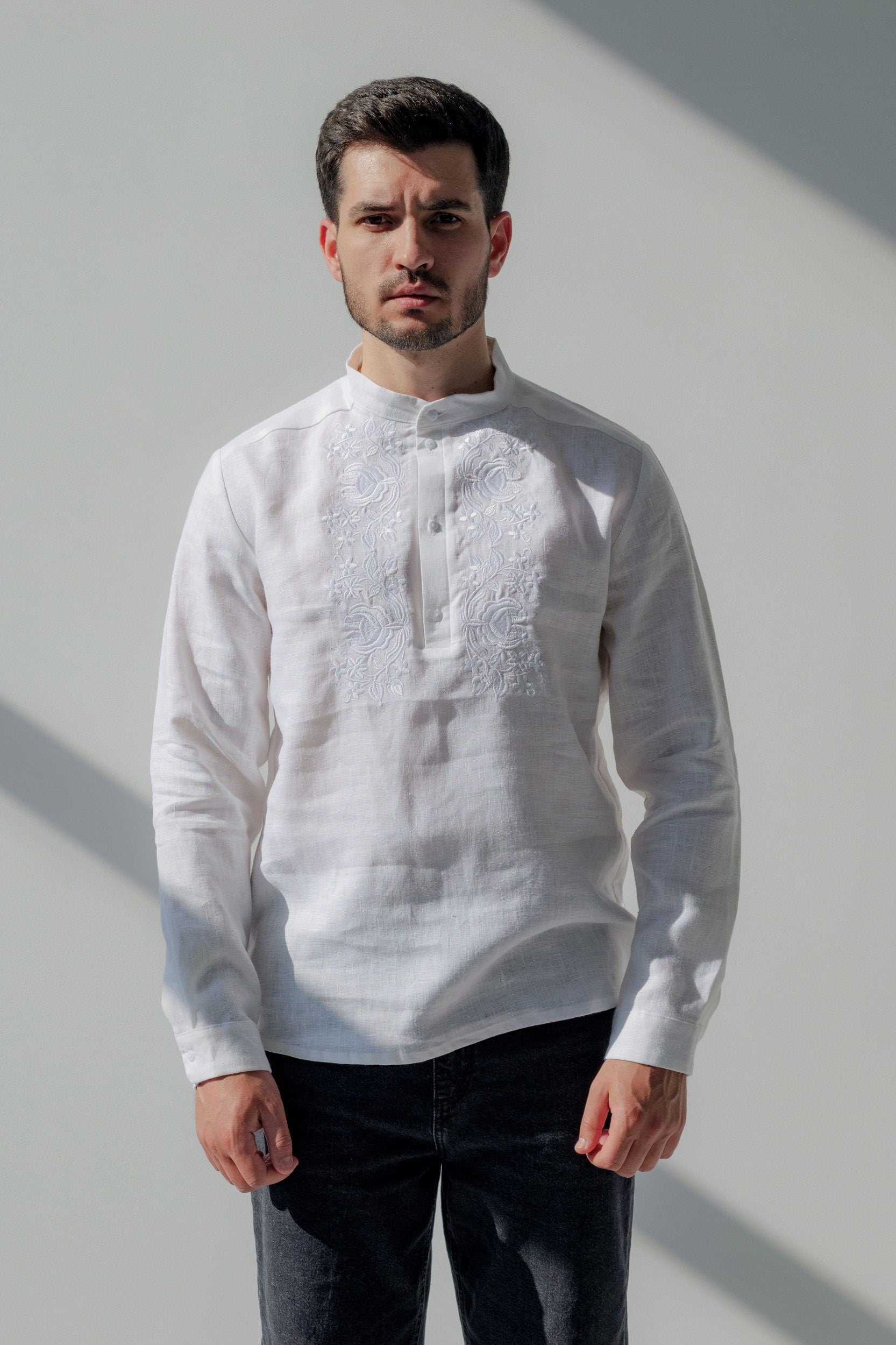Men's White Linen Vyshyvanka Shirt - Embroidered Ukrainian Tradition