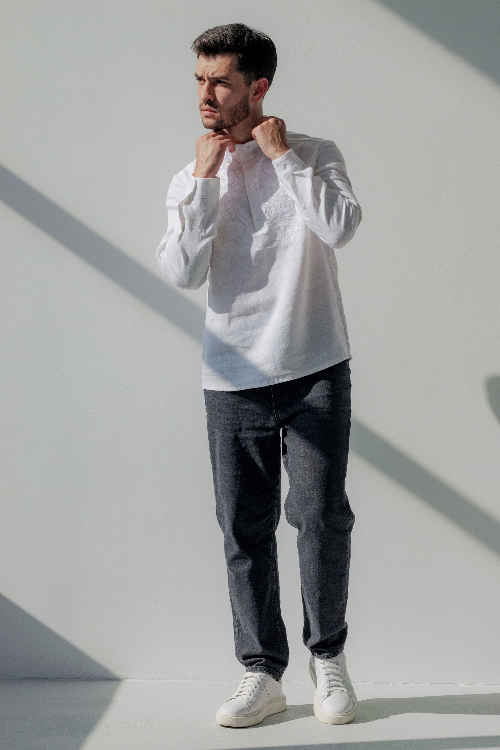 Men's White Linen Vyshyvanka Shirt - Embroidered Ukrainian Tradition