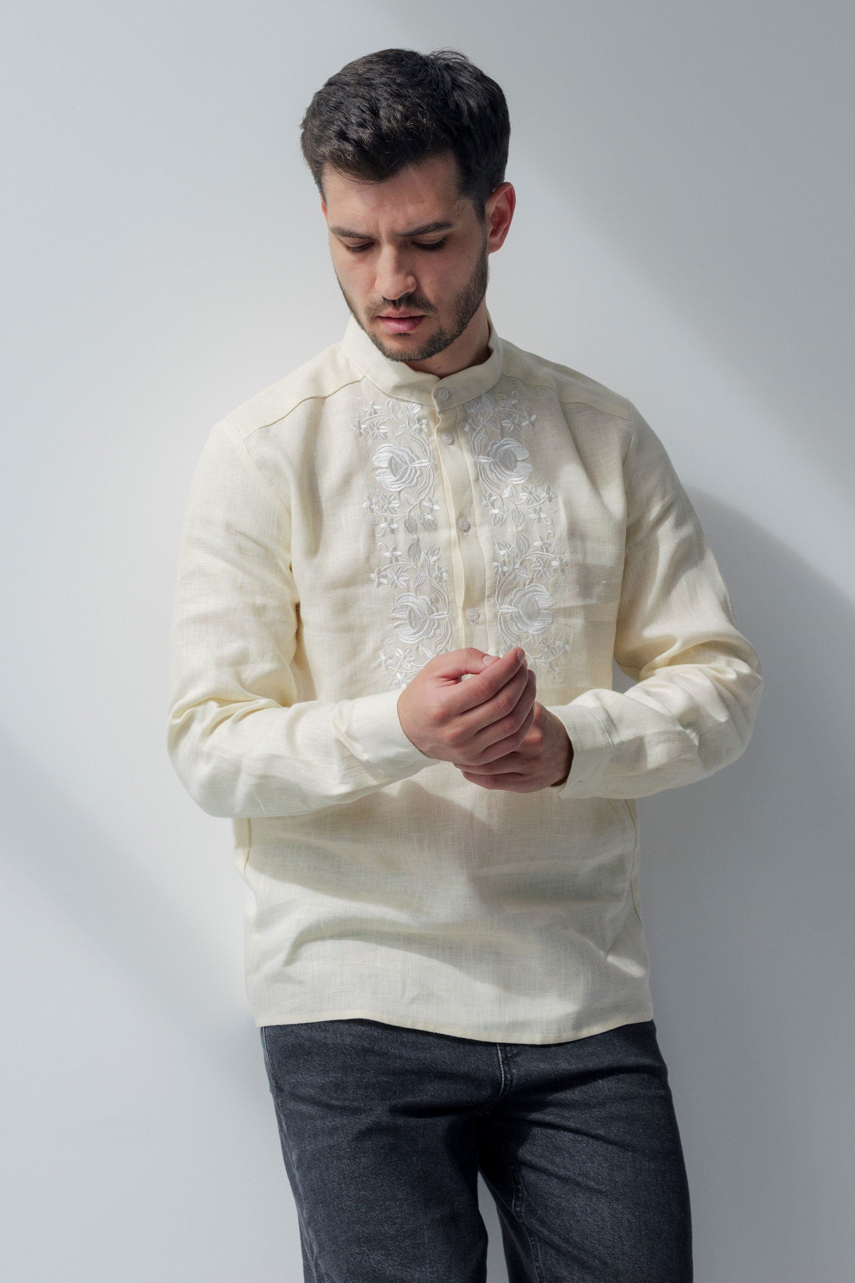 Beige Linen Embroidered Vyshyvanka Shirt for Men