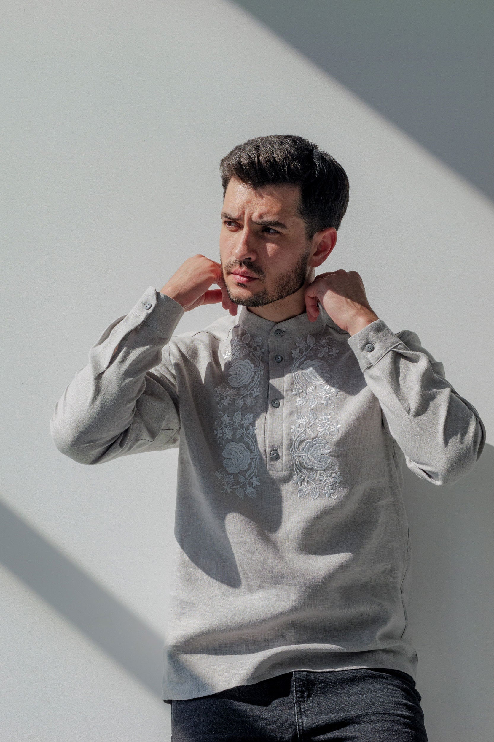 Men's Grey Linen Vyshyvanka Shirt with White Embroidery