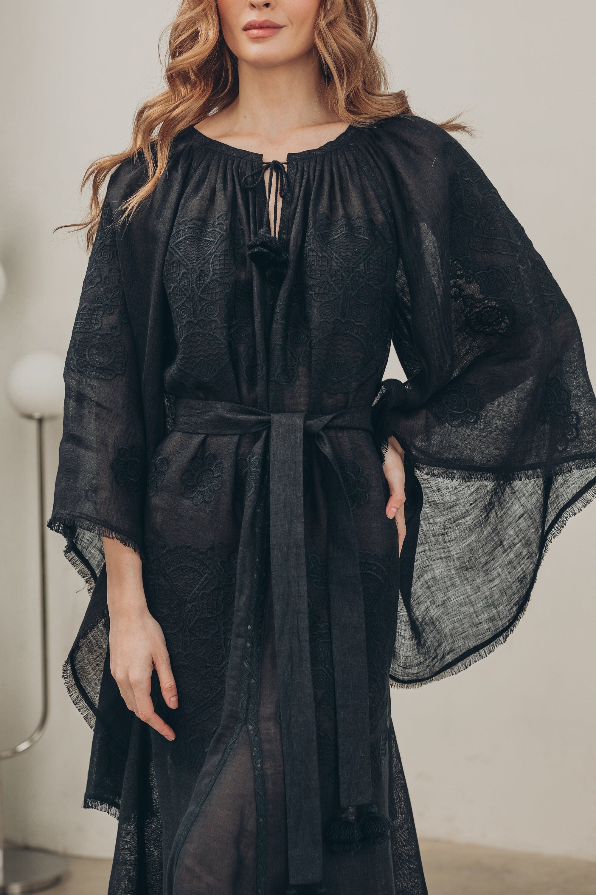 Black Linen Wedding Dress - Ukrainian Vyshyvanka Boho Style