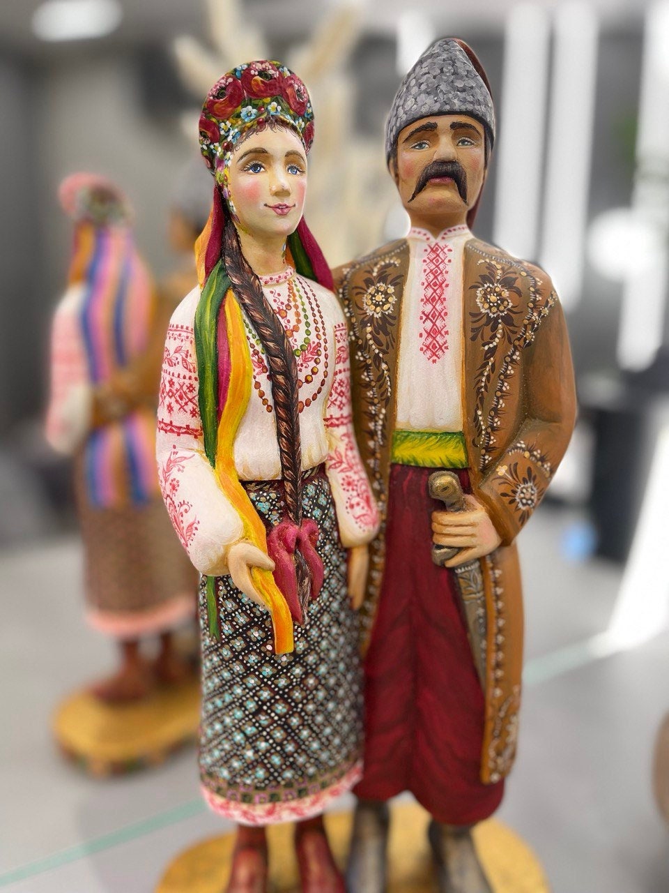Hand-Painted Wooden Couple Statue - Unique Ukrainian Figurine for 5th Anniversary, Wedding, or Special Occasion