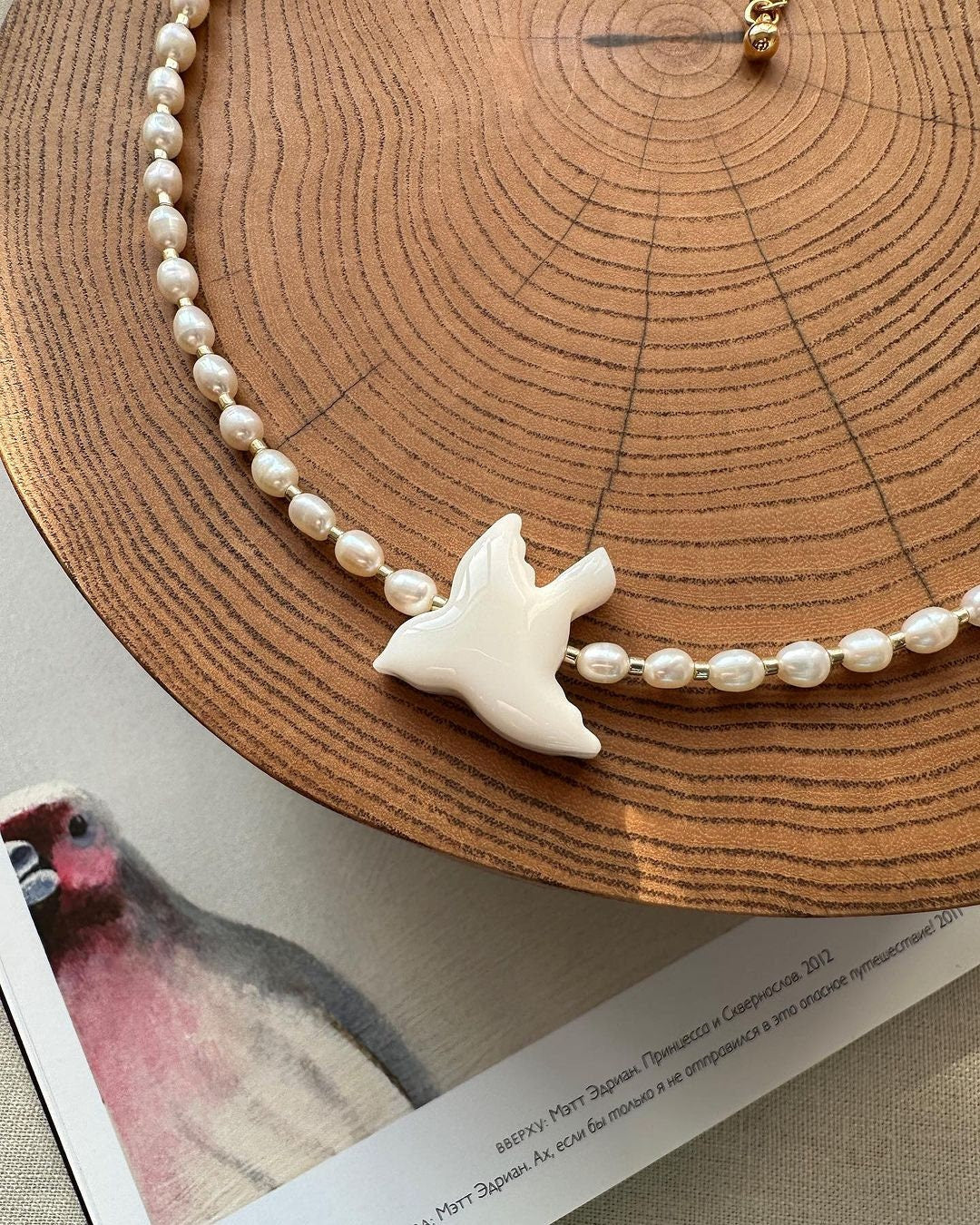 2025 Handmade Bird Necklace with Natural River Pearls - Ukrainian Jewelry
