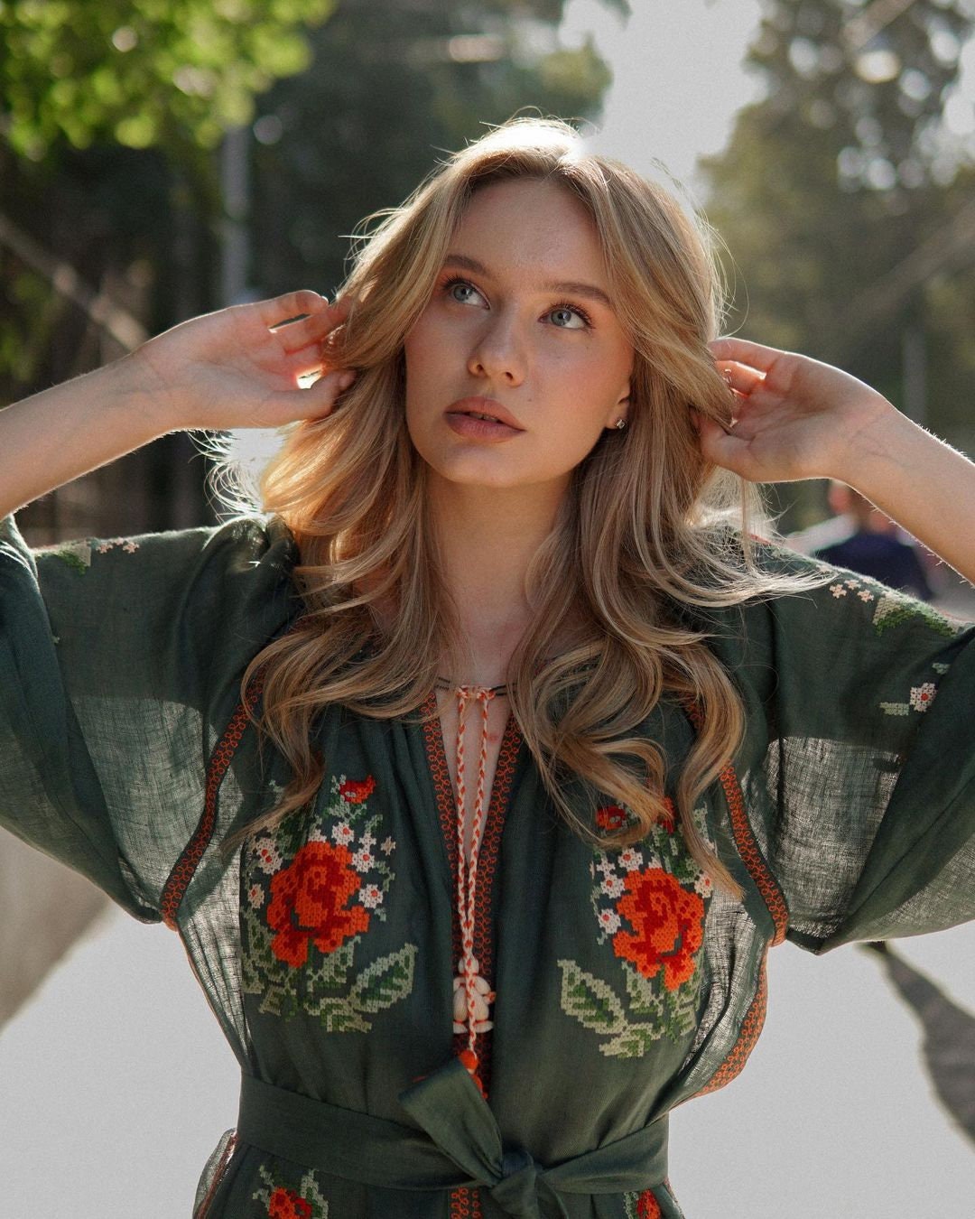 Green Ukrainian Embroidered Linen Boho Dress for Women