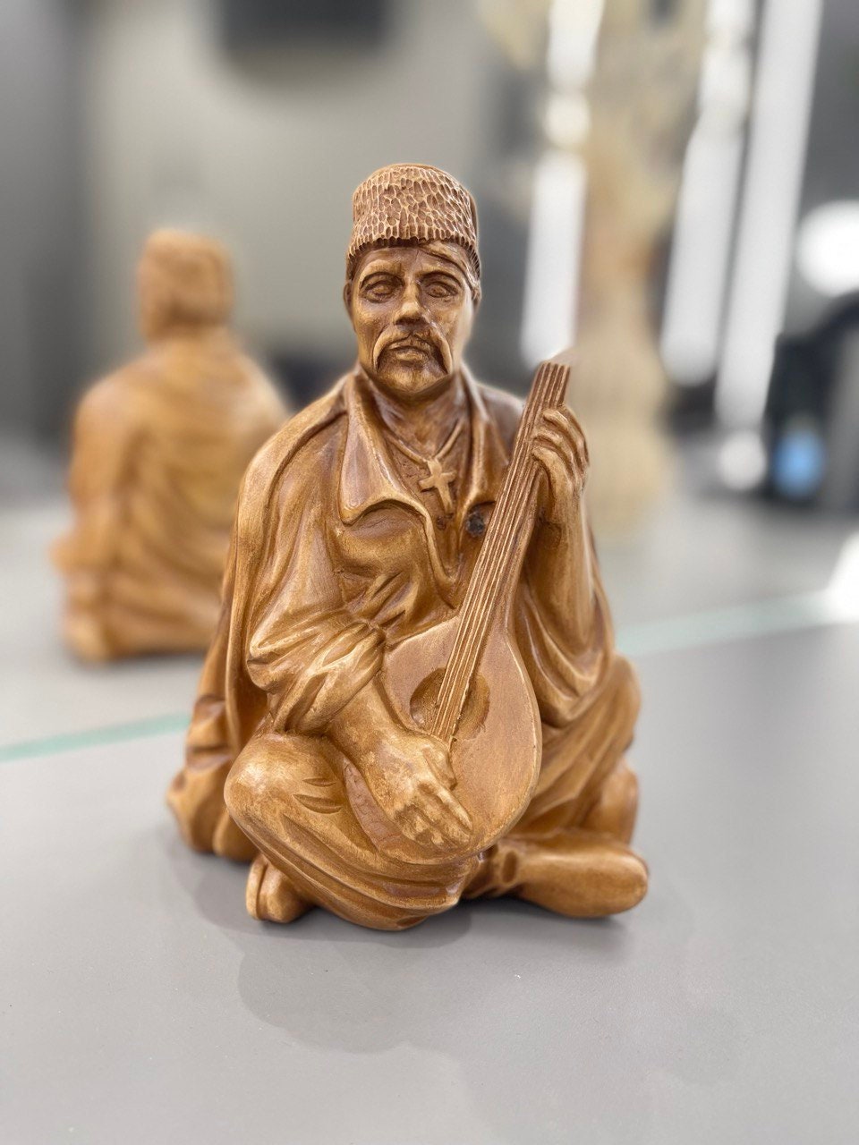 Handmade Wooden Bandurist Statue – Ukrainian Linden Wood Figurine for Weddings and Special Occasions