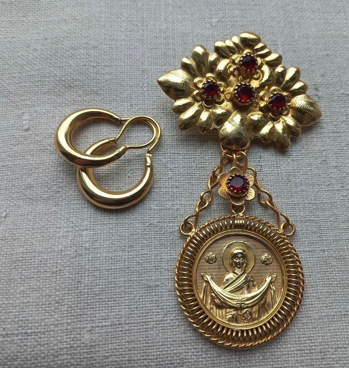 Ukrainian "Dukach" Pendant and Earrings Set, 925 Sterling Silver with Gilding