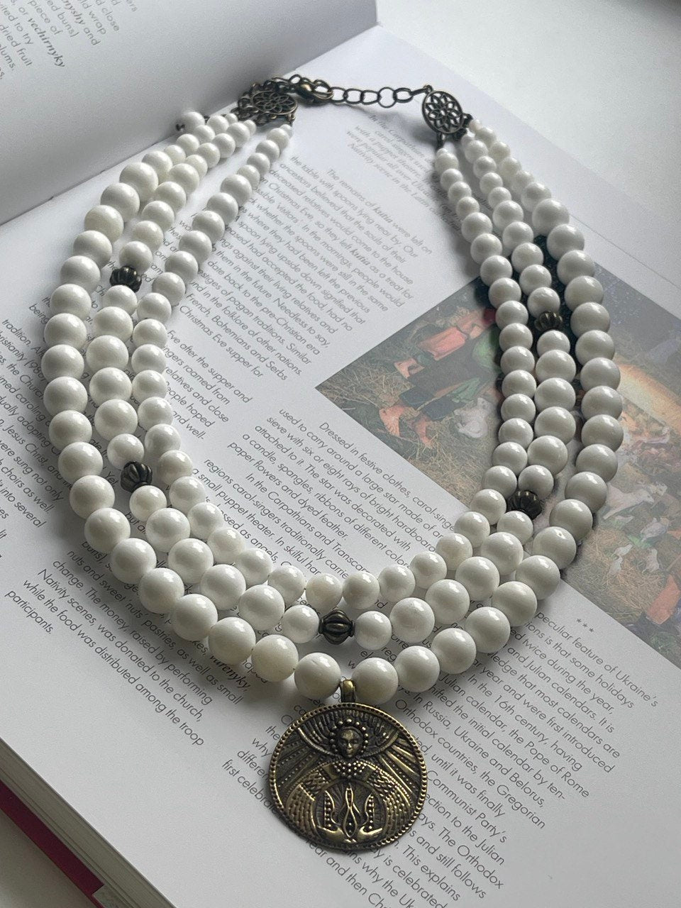 White Ukrainian Ethnic Necklace - Antique Mother of Pearl Beads