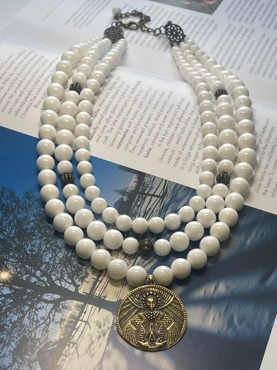 White Ukrainian Ethnic Necklace - Antique Mother of Pearl Beads