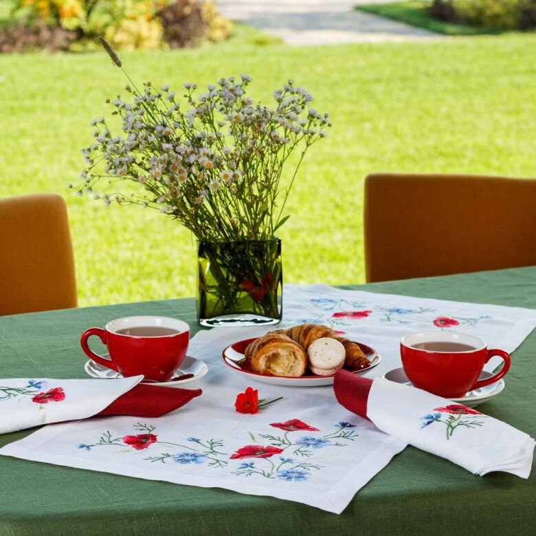 White Linen Runner 88x40 cm - Poppies & Cornflowers Ukrainian Embroidery for Easter & Mother's Day