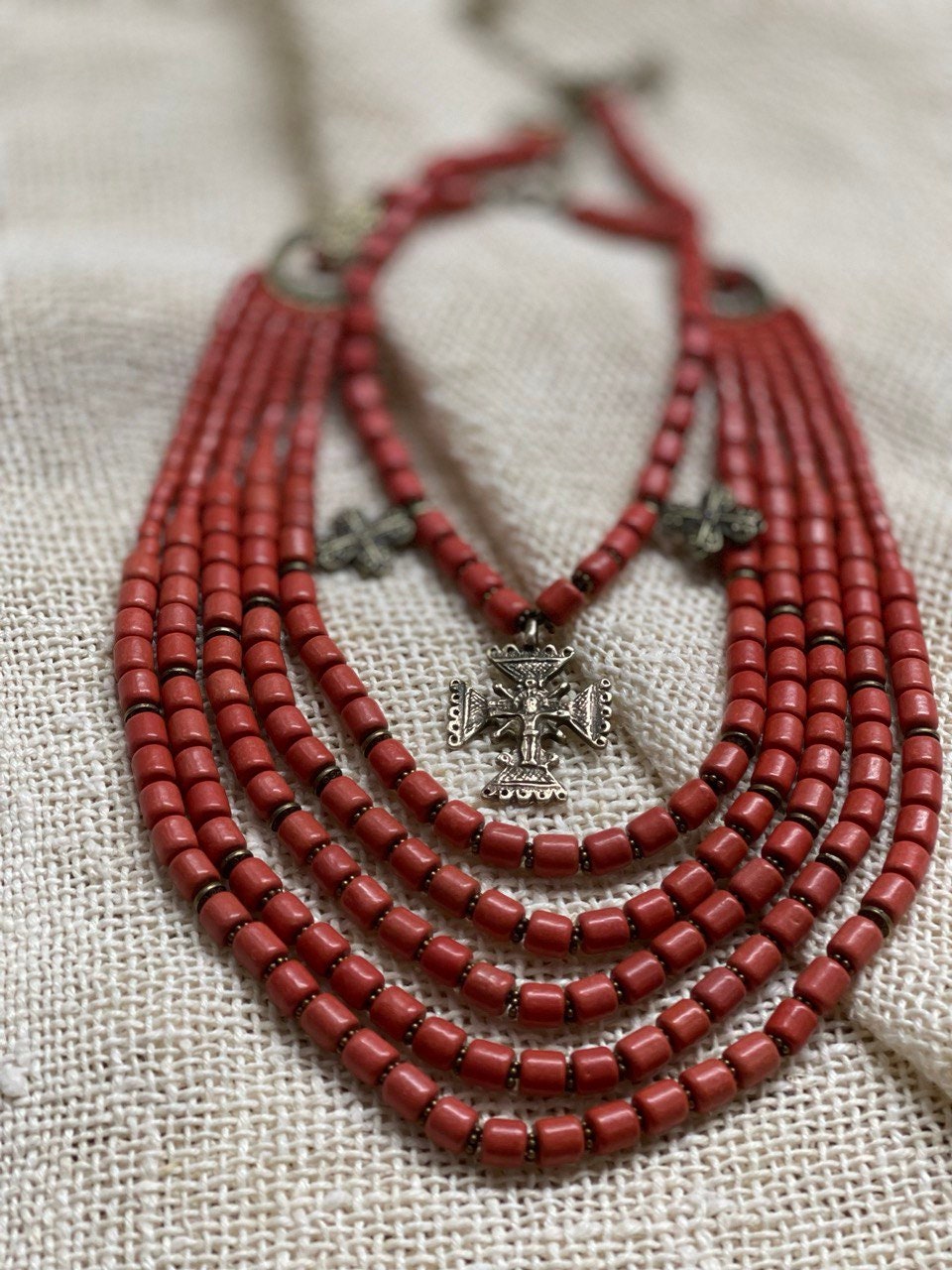 Red Ukrainian Traditional Ceramic Necklace with Antique Fireplace Beads and Cross
