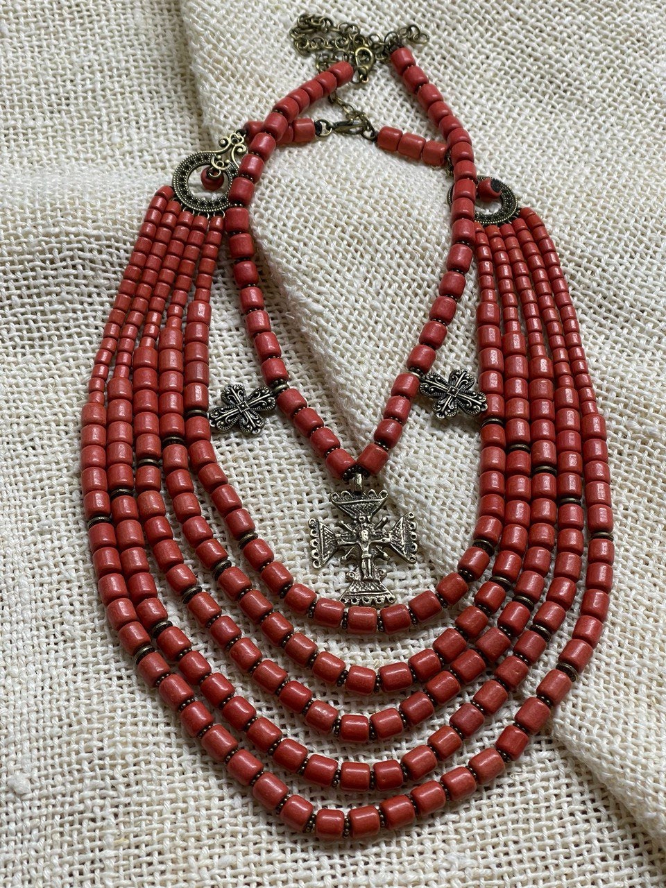 Red Ukrainian Traditional Ceramic Necklace with Antique Fireplace Beads and Cross