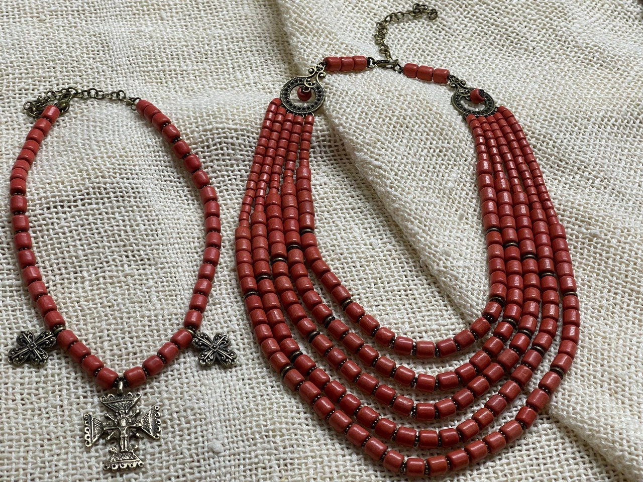 Red Ukrainian Traditional Ceramic Necklace with Antique Fireplace Beads and Cross