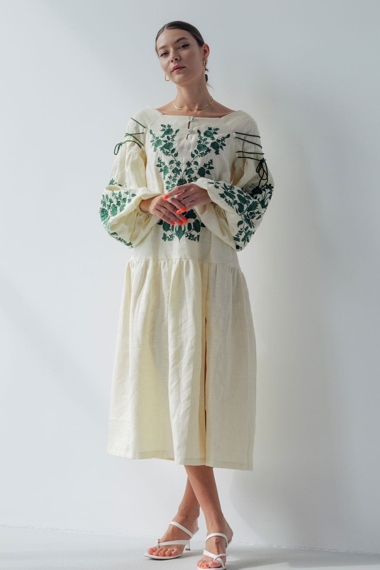 Beige Linen Vyshyvanka Dress with Ukrainian Green Embroidery - Boho Style
