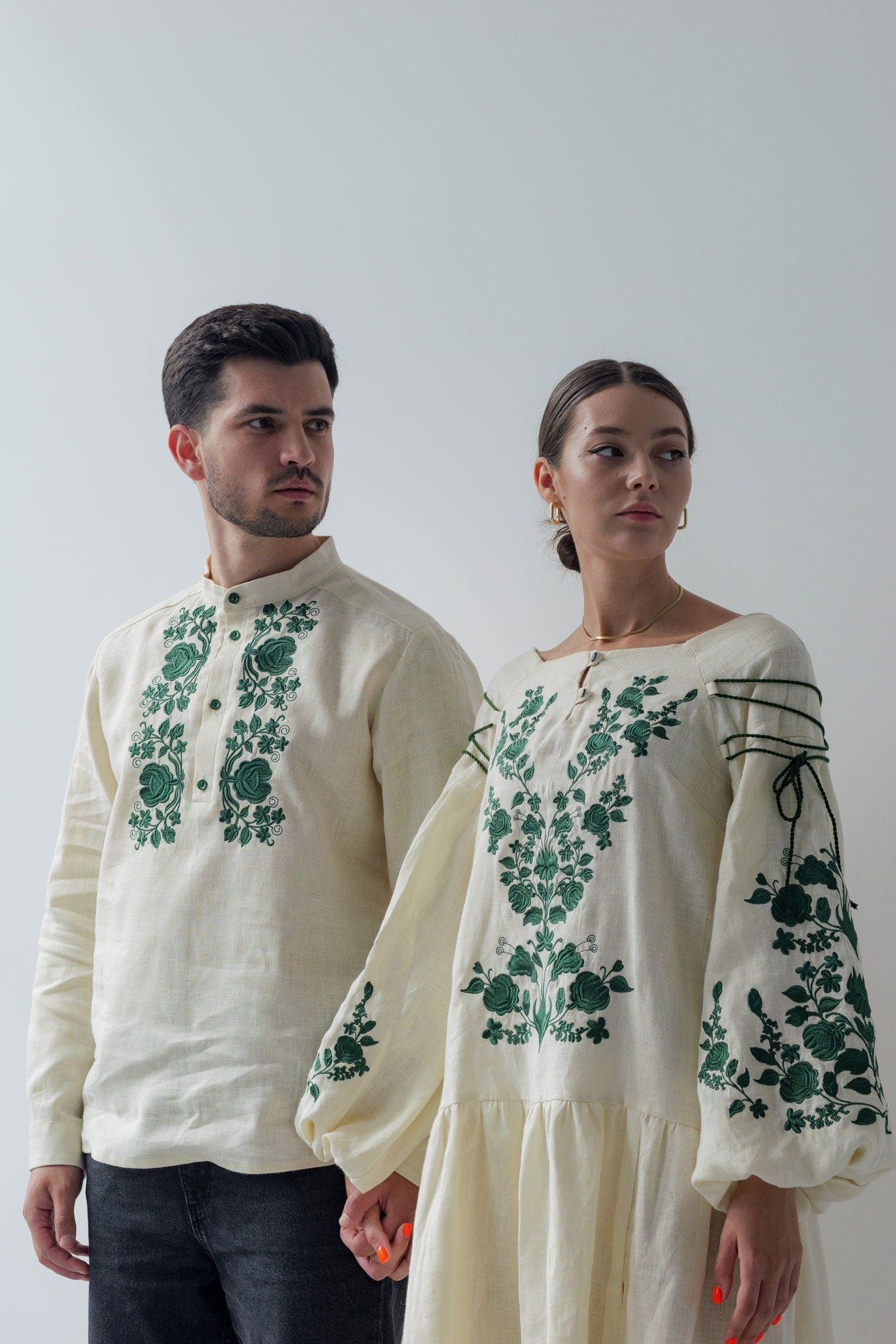 Beige Linen Vyshyvanka Dress with Ukrainian Green Embroidery - Boho Style