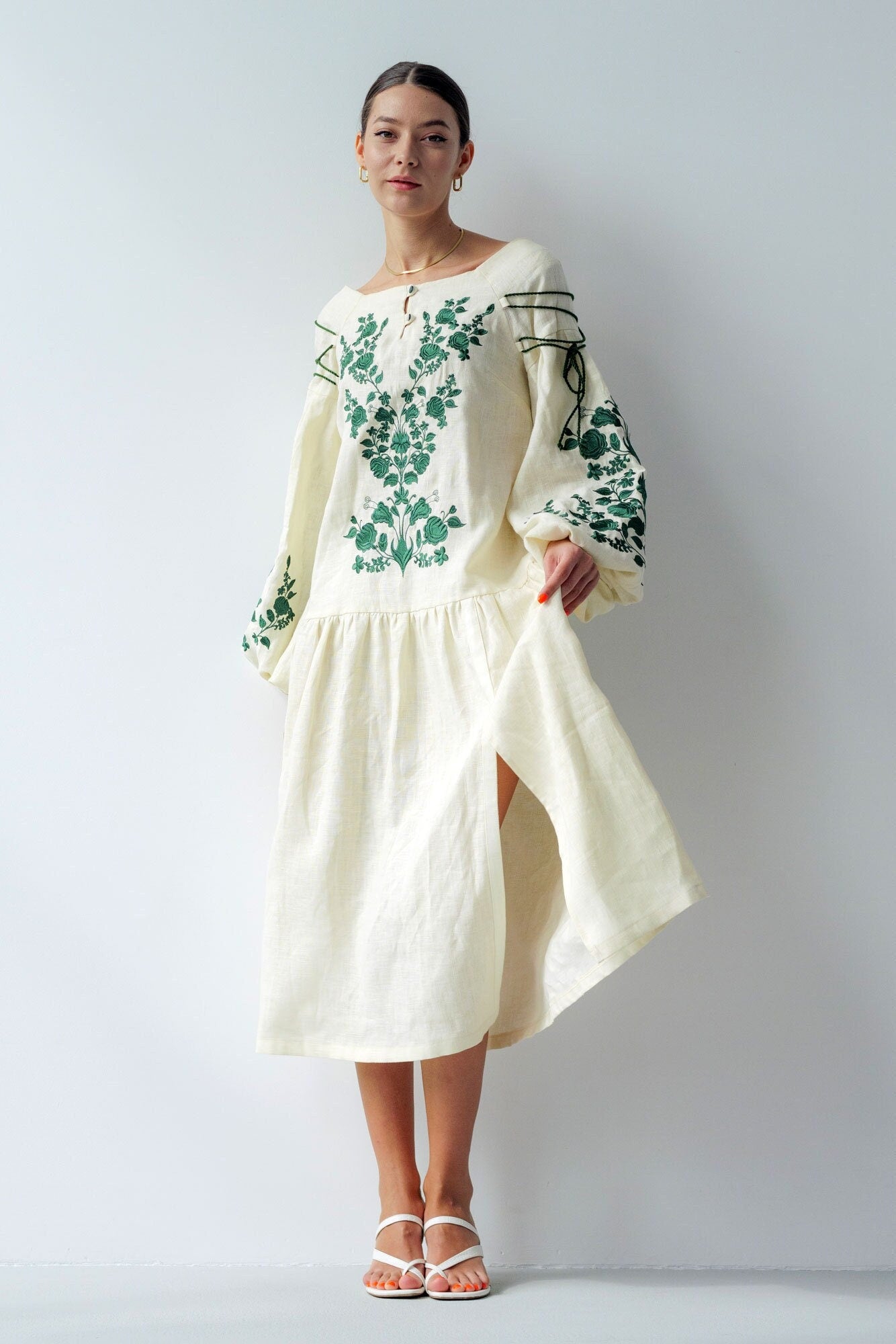 Beige Linen Vyshyvanka Dress with Ukrainian Green Embroidery - Boho Style