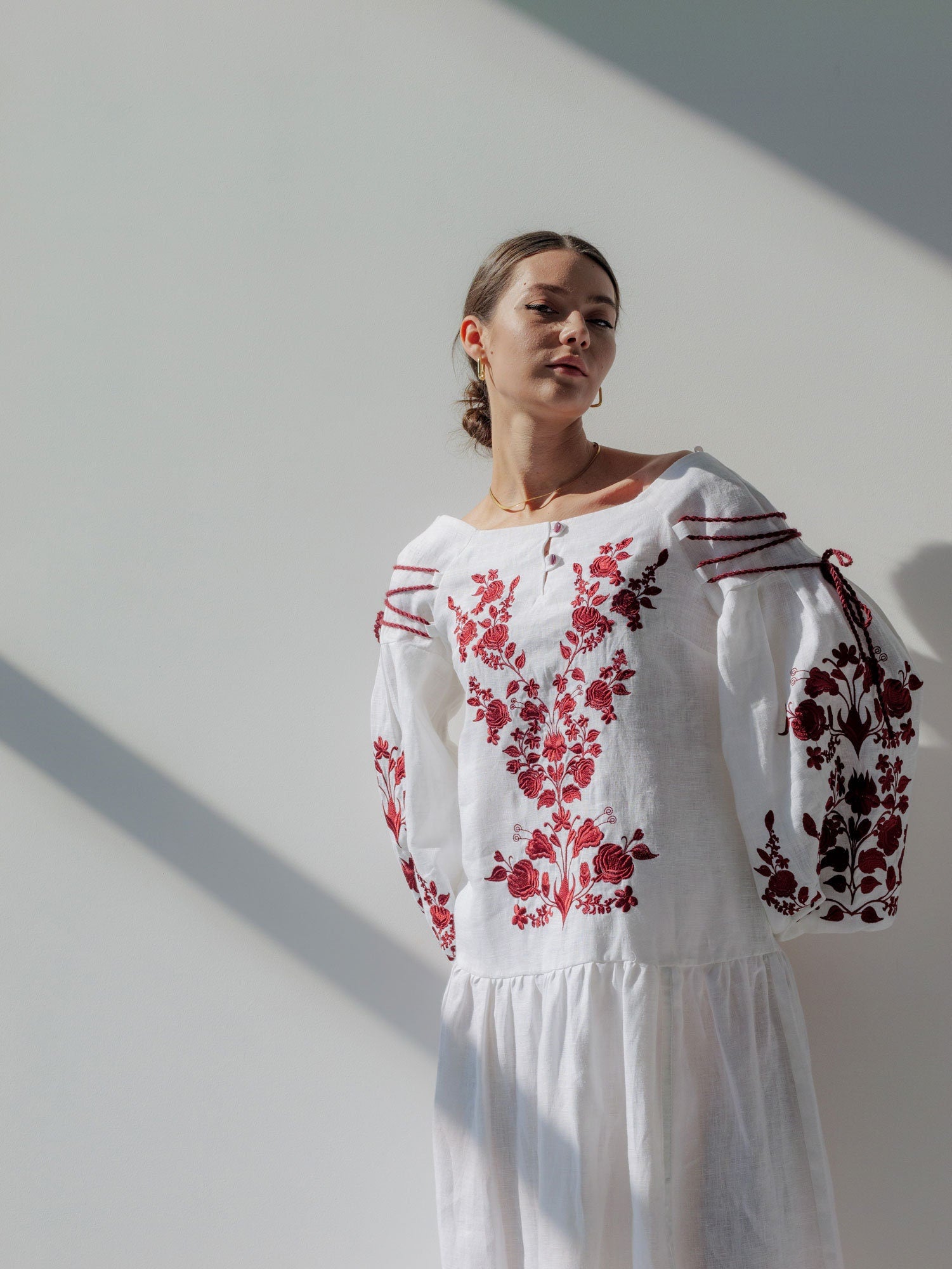White Linen Vyshyvanka Dress with Exquisite Ukrainian Red Embroidery – Boho Style