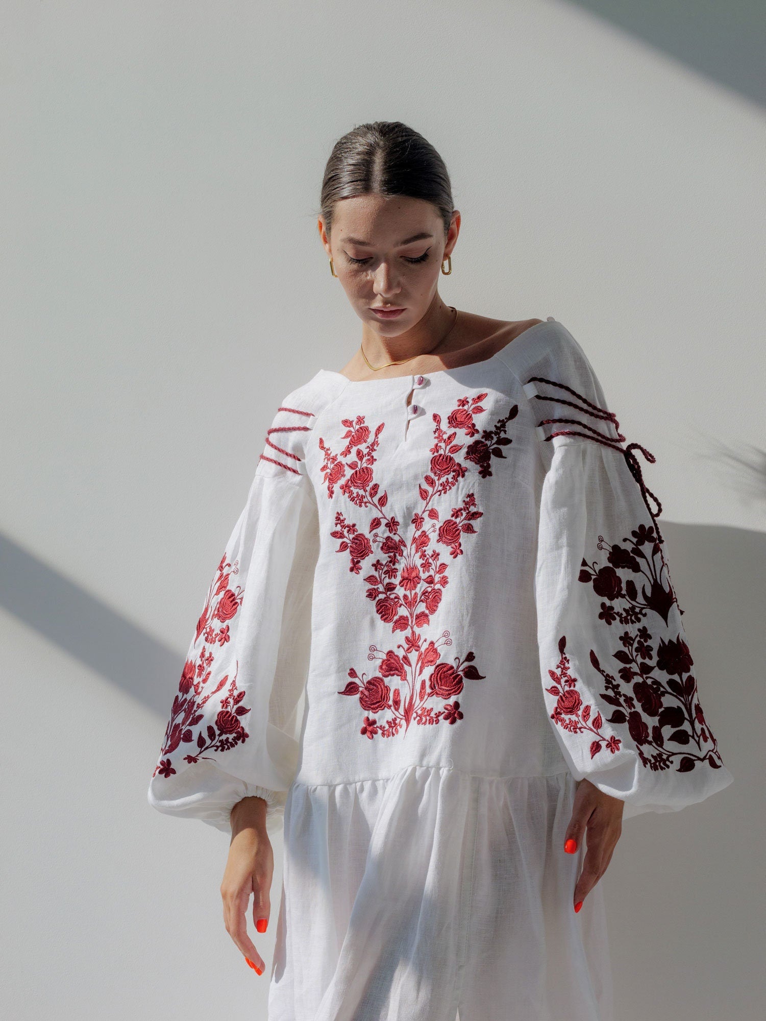 White Linen Vyshyvanka Dress with Exquisite Ukrainian Red Embroidery – Boho Style