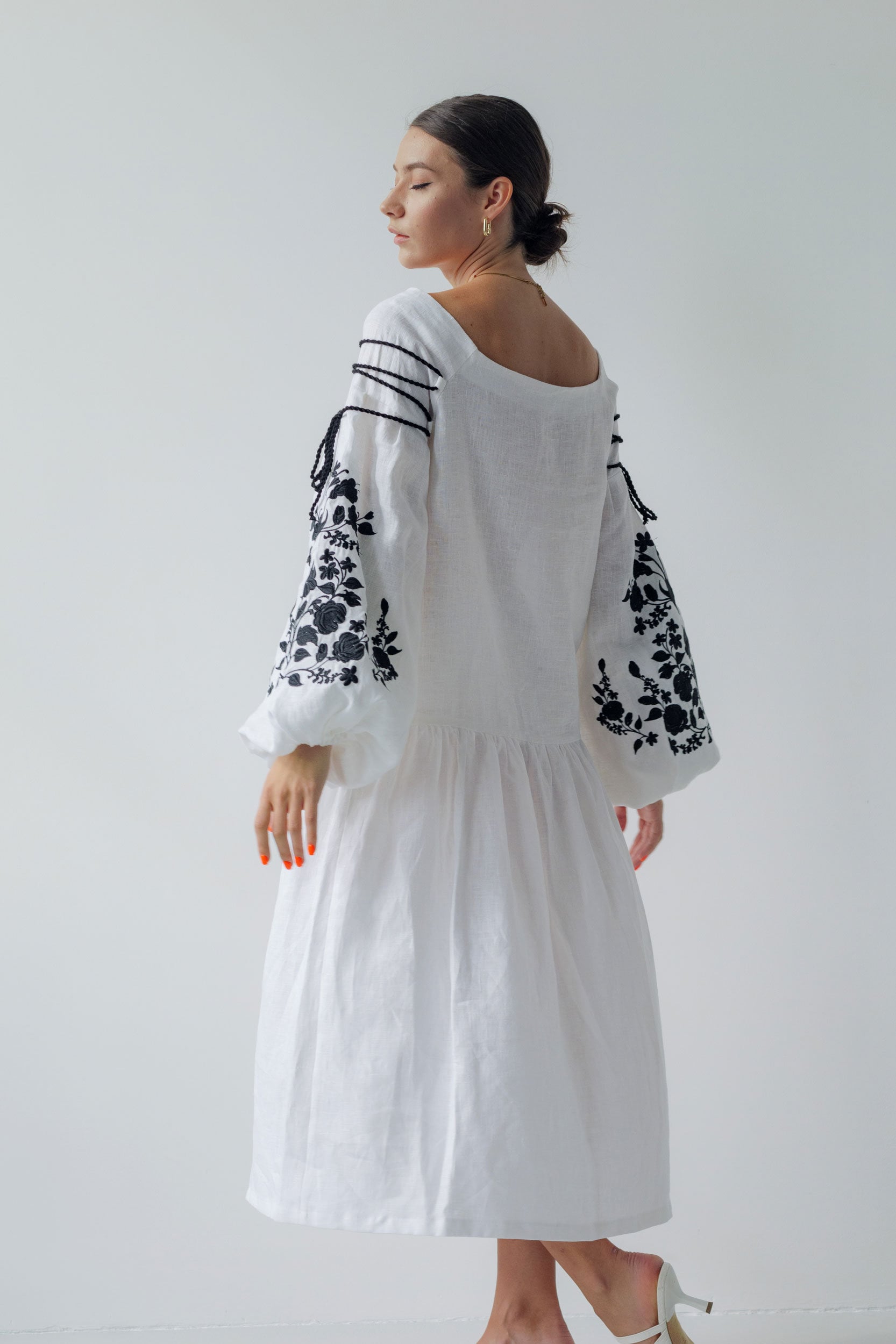 White Linen Vyshyvanka Dress with Ukrainian Embroidery - Boho Style