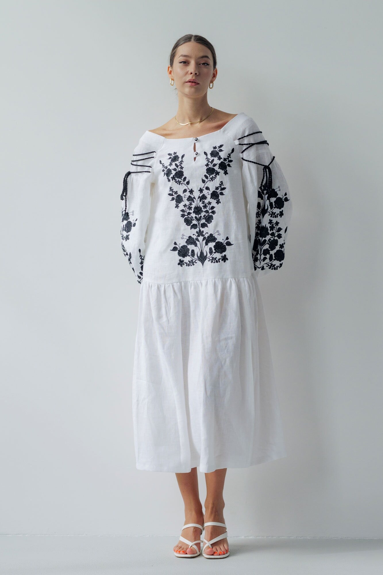 White Linen Vyshyvanka Dress with Ukrainian Embroidery - Boho Style