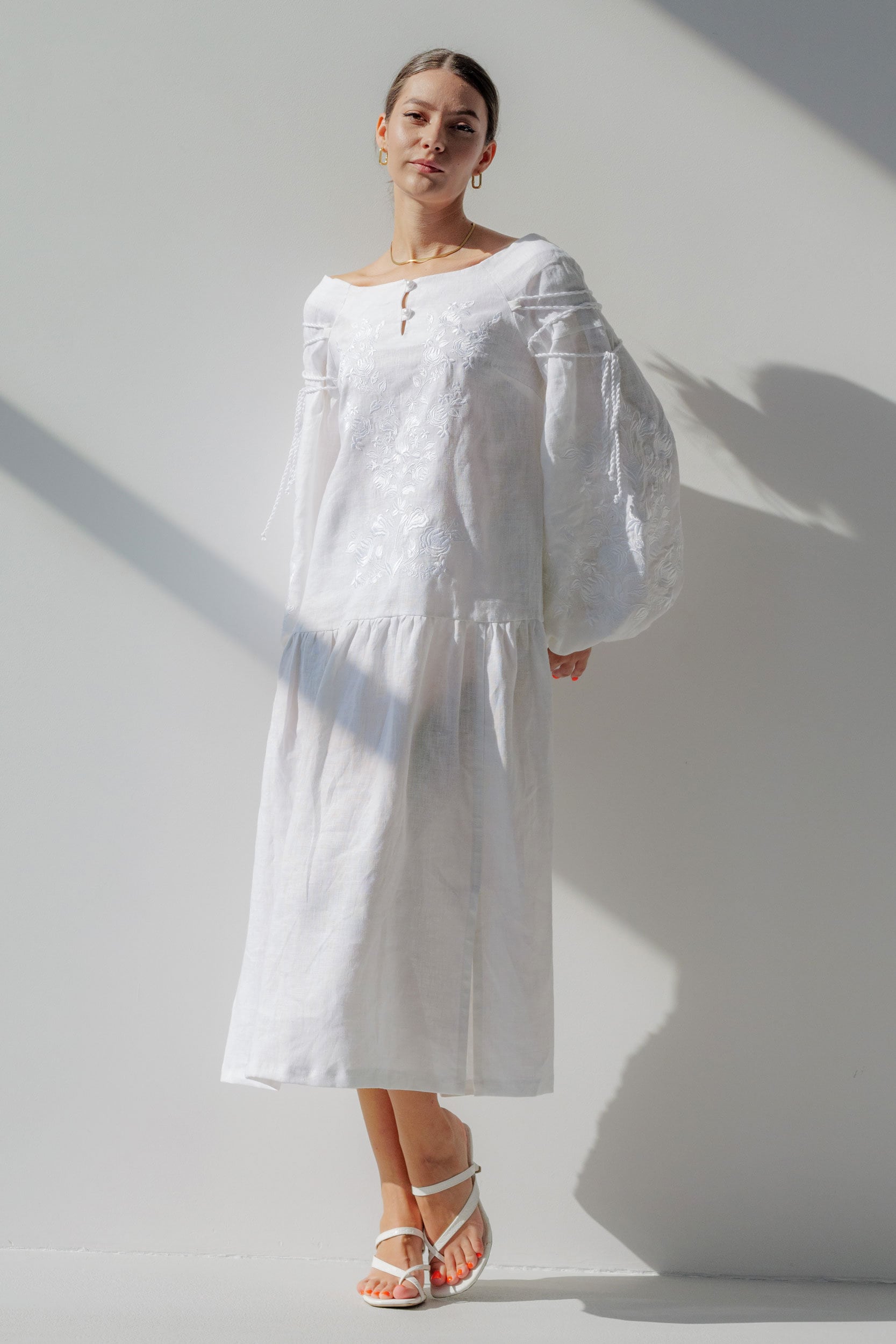 White Linen Dress with Exquisite Ukrainian Embroidery - Boho Vyshyvanka Style