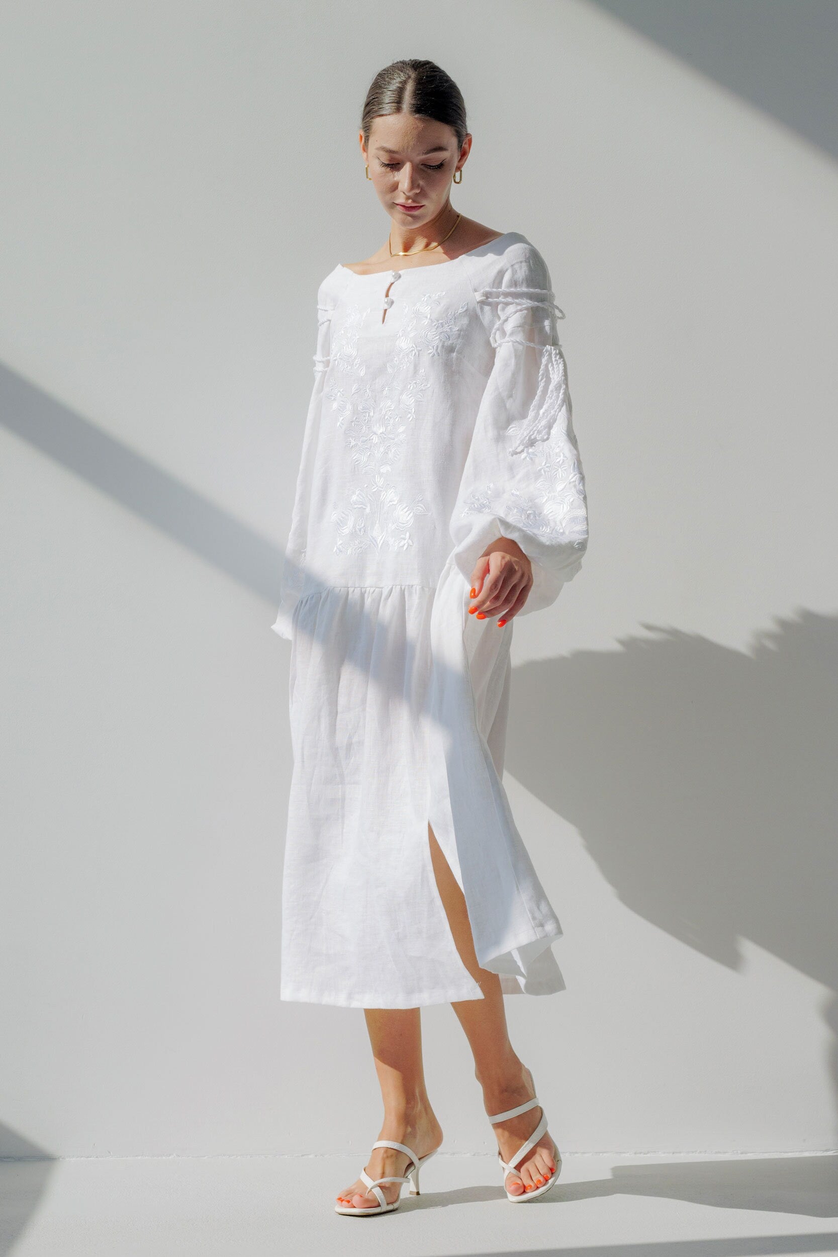 White Linen Dress with Exquisite Ukrainian Embroidery - Boho Vyshyvanka Style