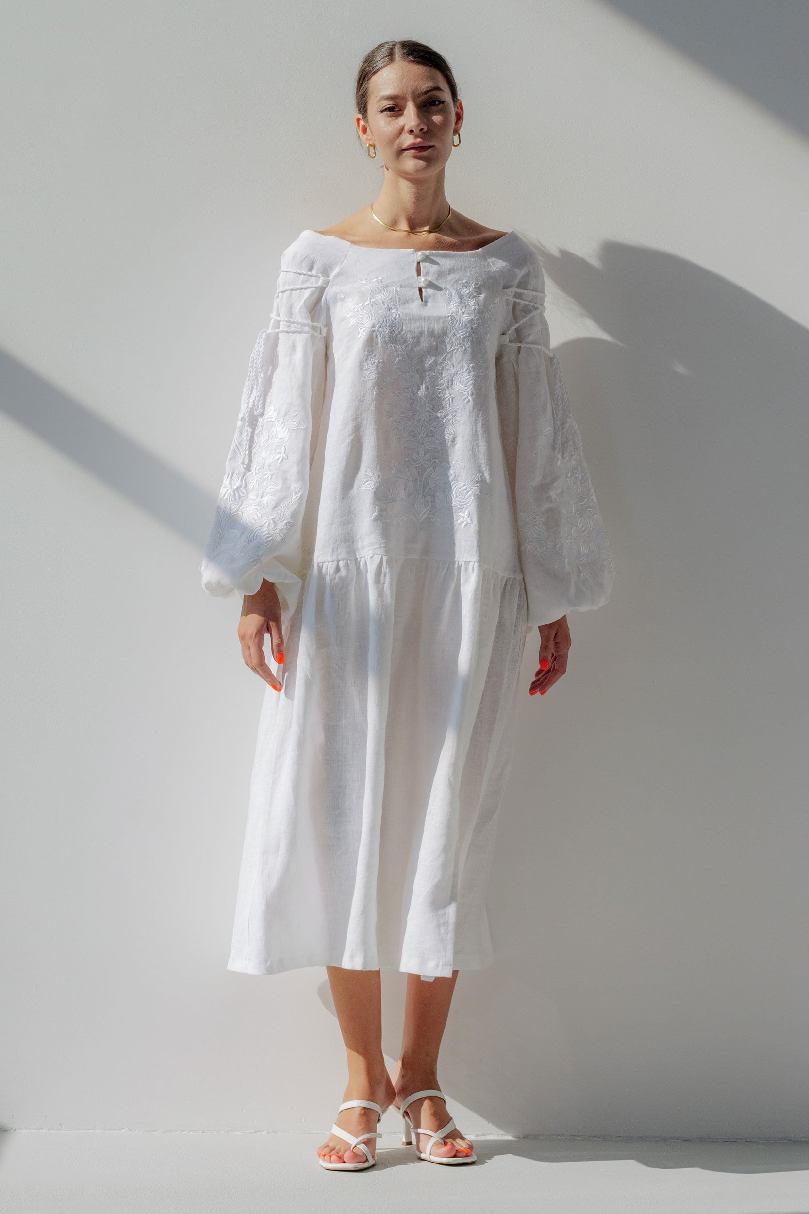 White Linen Dress with Exquisite Ukrainian Embroidery - Boho Vyshyvanka Style