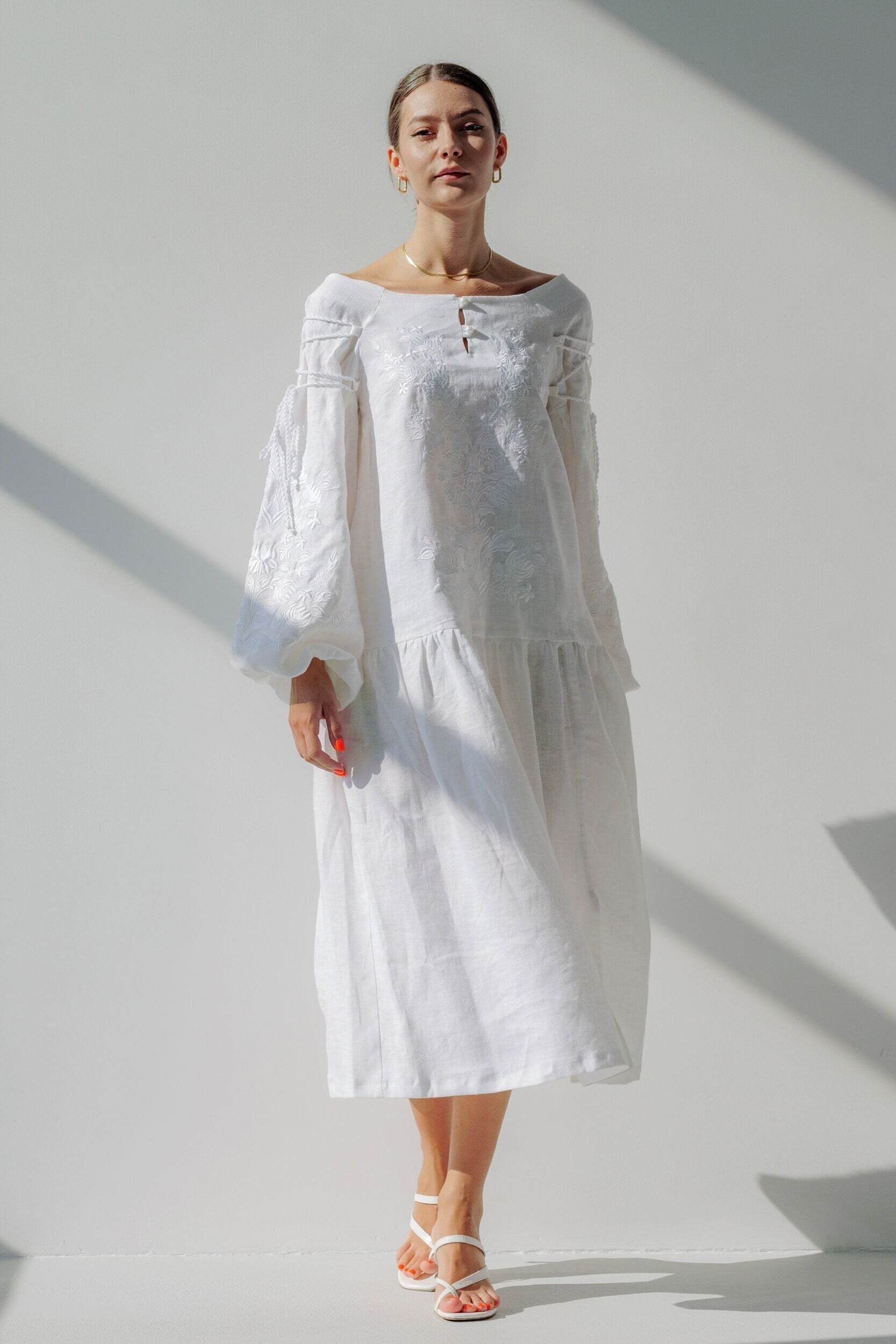 White Linen Dress with Exquisite Ukrainian Embroidery - Boho Vyshyvanka Style