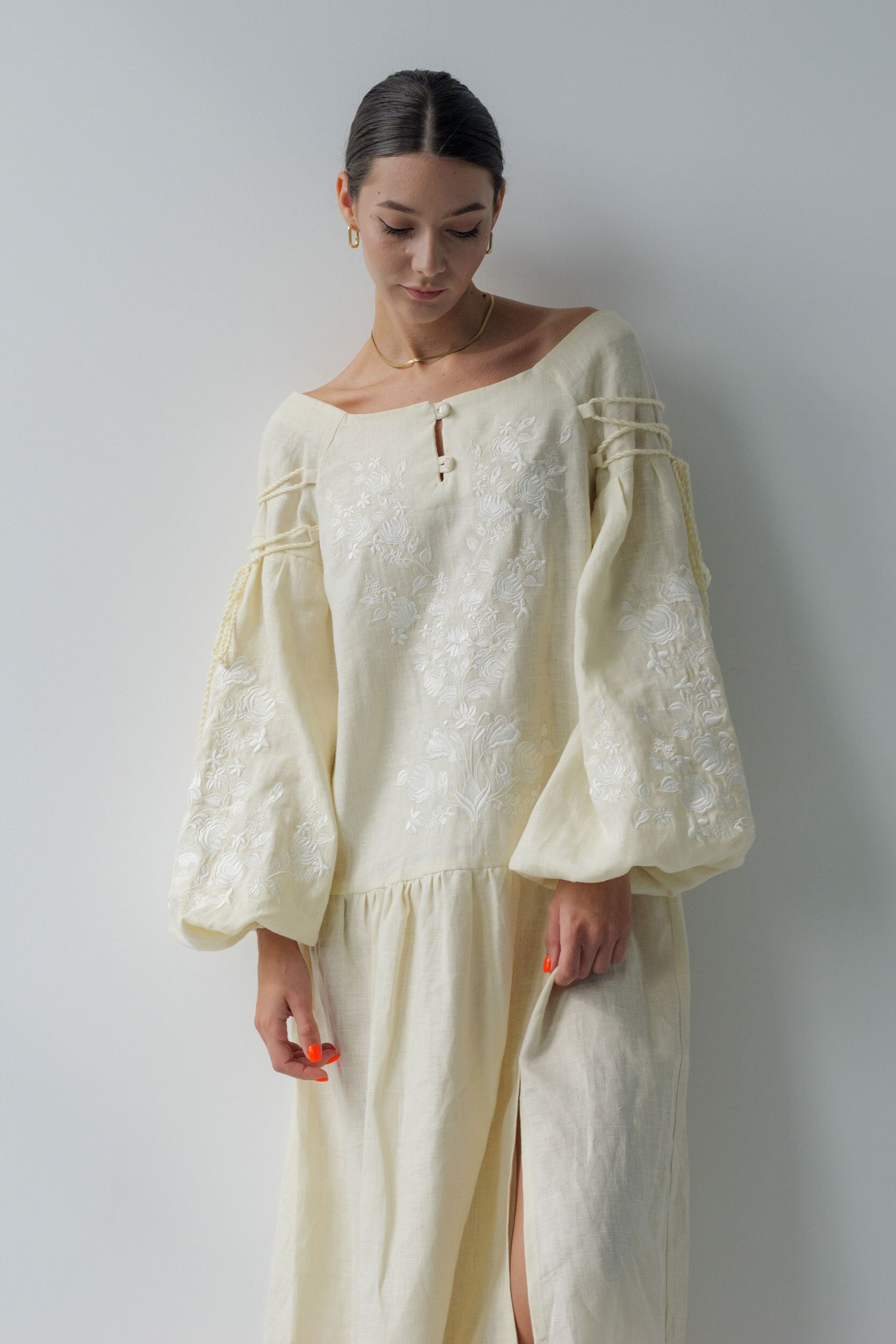 Beige Linen Vyshyvanka Dress with Exquisite Ukrainian Embroidery - Boho Style