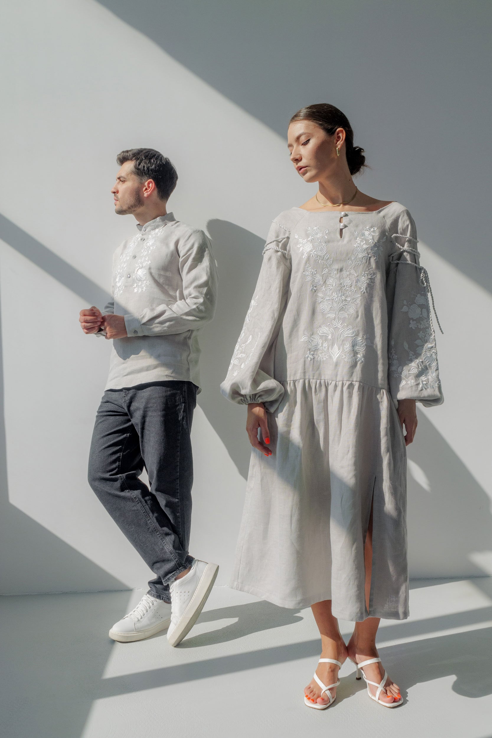 Gray Linen Vyshyvanka Dress with Exquisite Ukrainian Embroidery