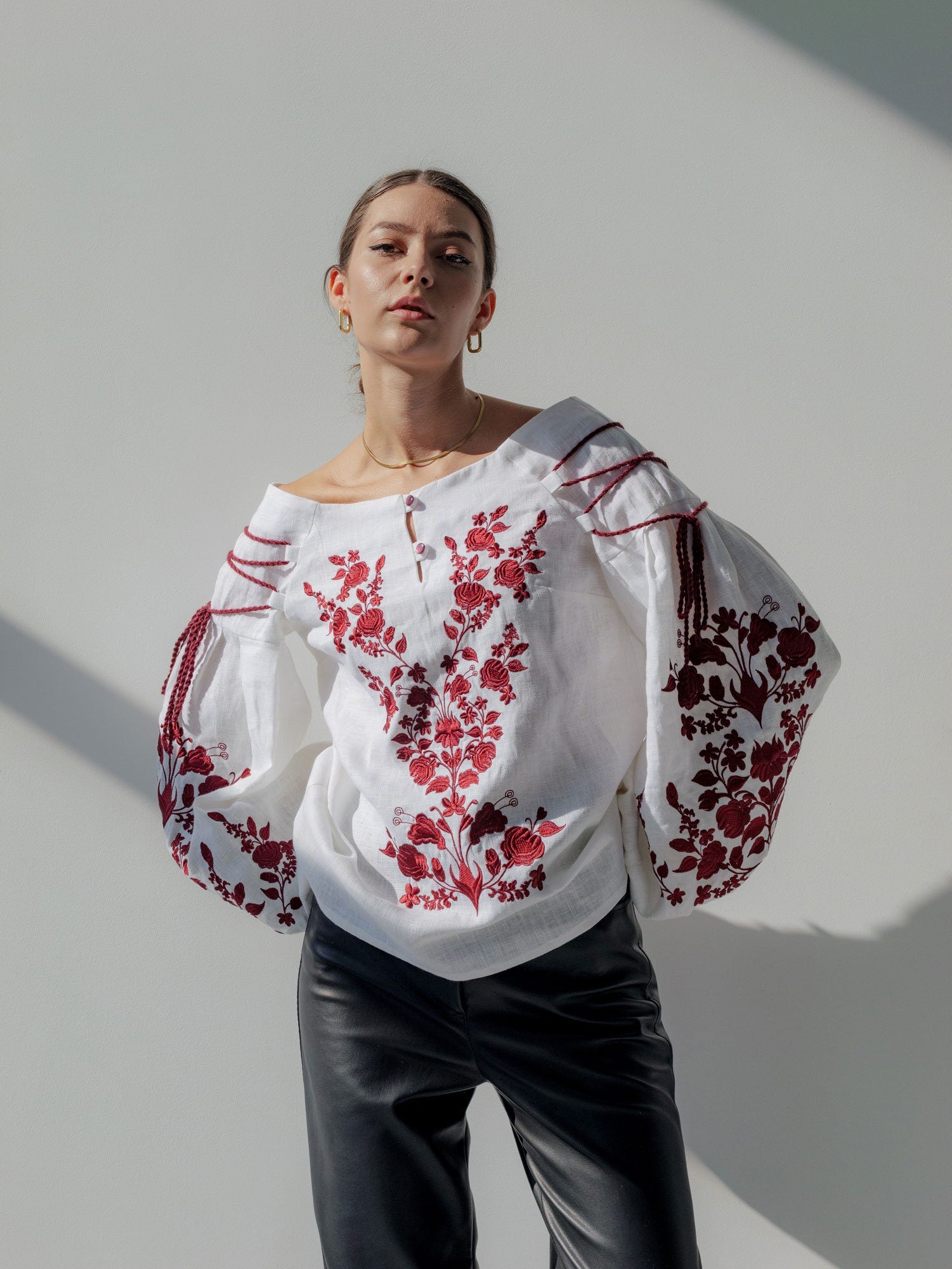 2025 White Ukrainian Vyshyvanka Blouse | Embroidered Bohemian Peasant Shirt