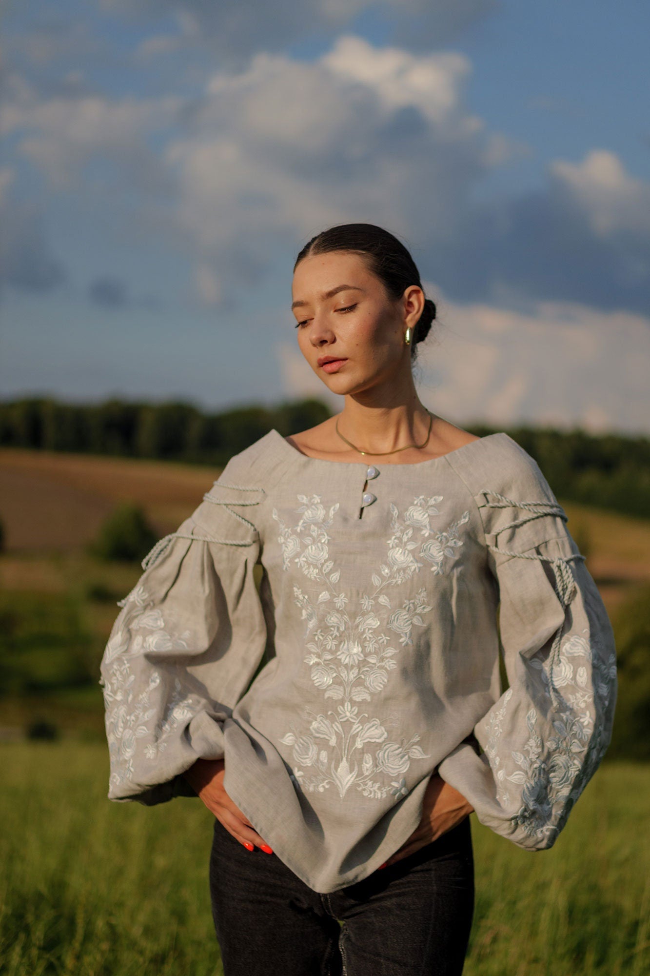 2025 New Grey Ukrainian Vyshyvanka Blouse - Embroidered Bohemian Ethnic Shirt