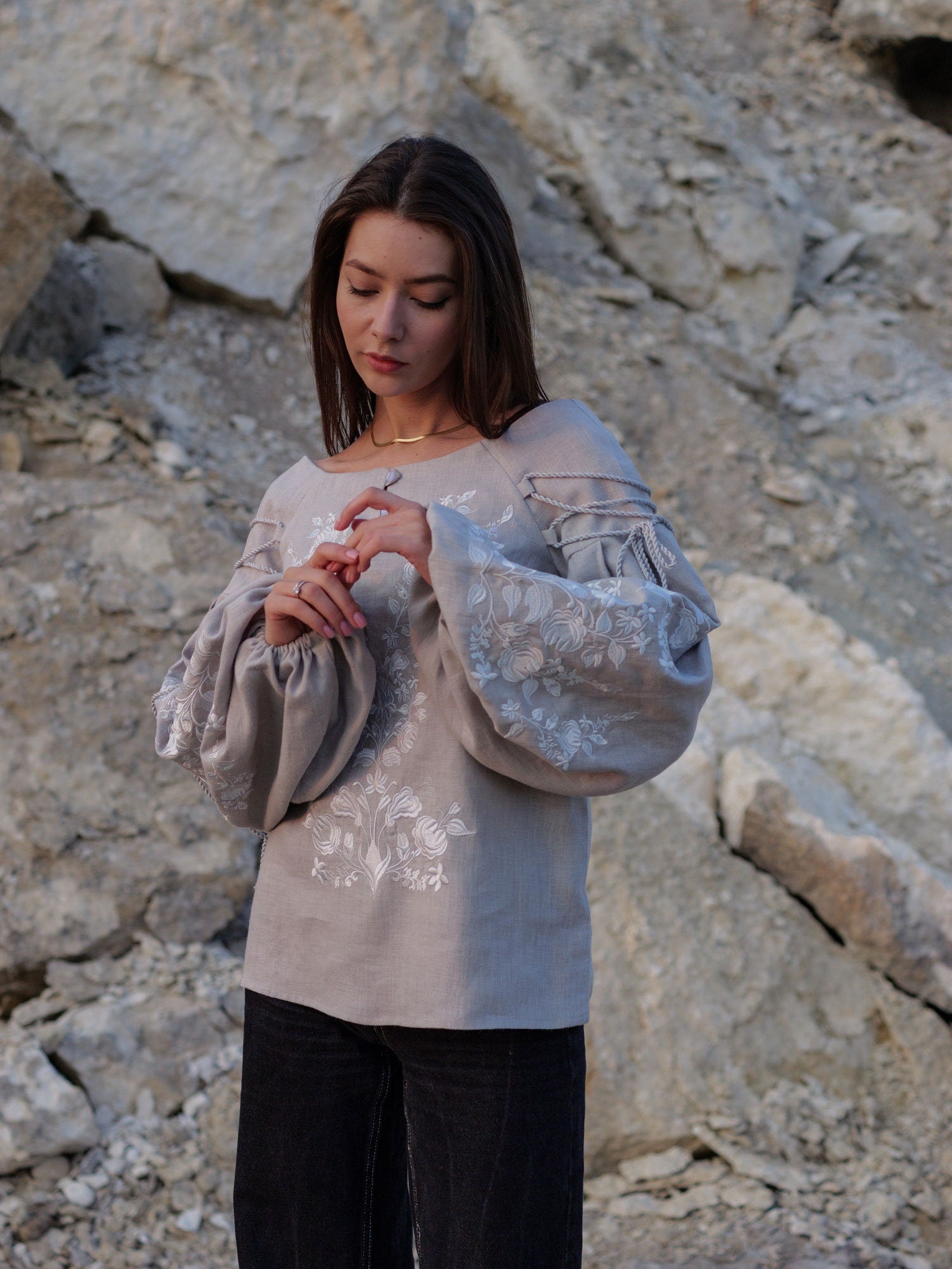 Gray Ukrainian Embroidered Vyshyvanka Blouse - Bohemian Ethnic Peasant Shirt