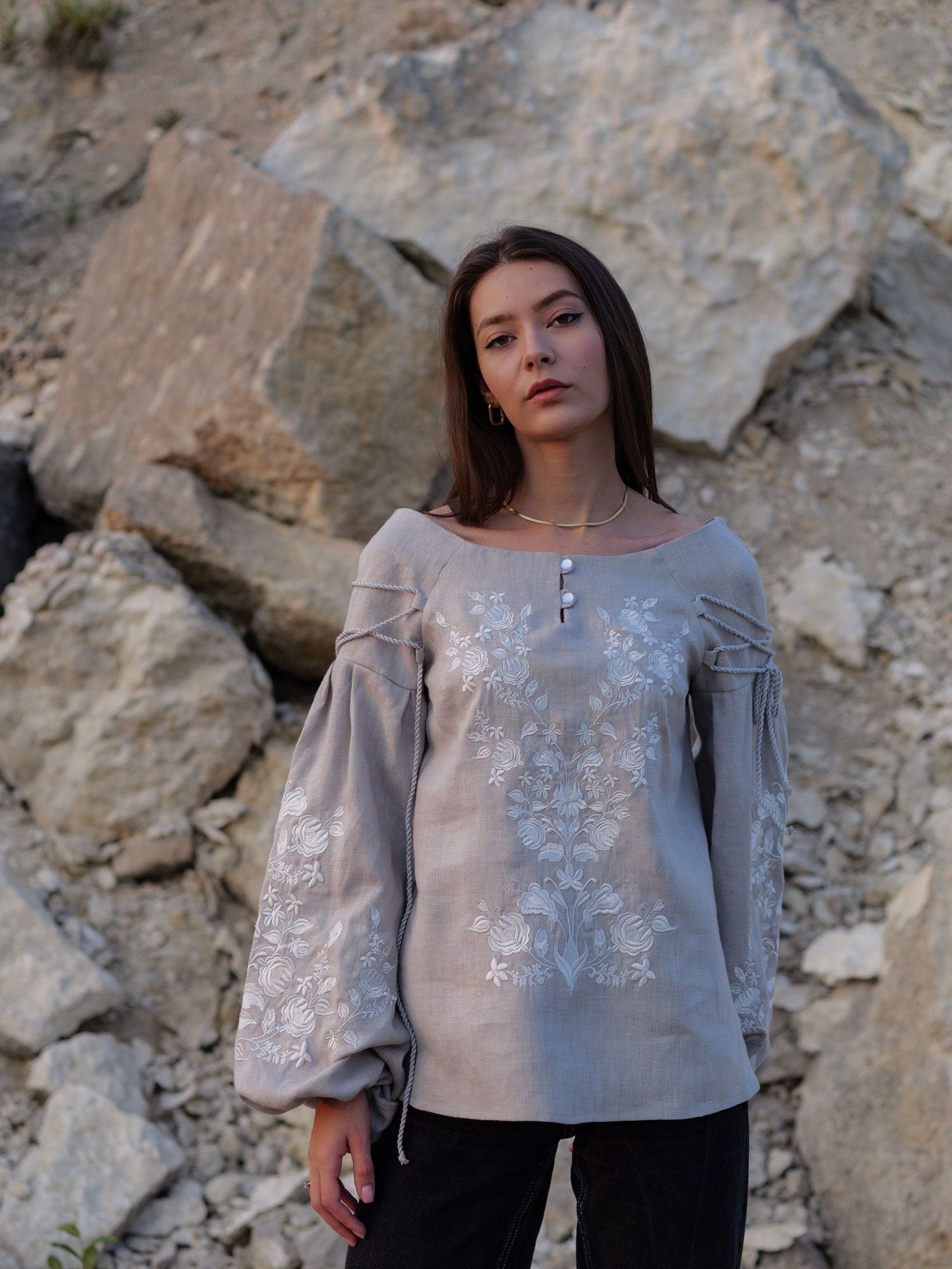 Gray Ukrainian Embroidered Vyshyvanka Blouse - Bohemian Ethnic Peasant Shirt