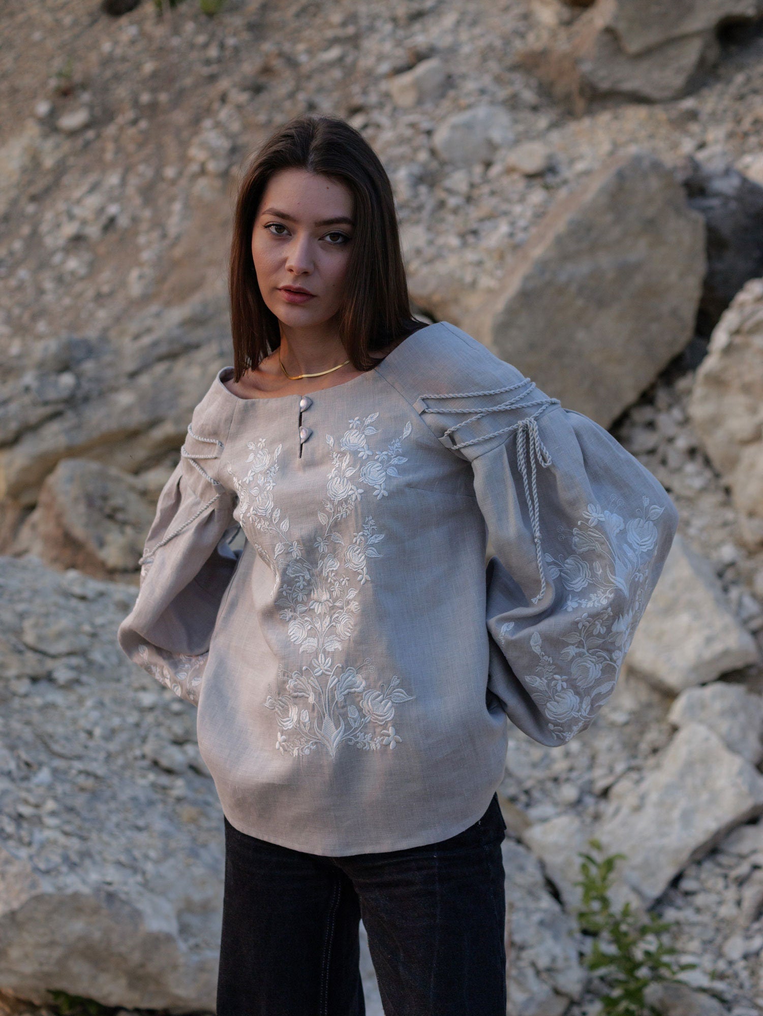 Gray Ukrainian Embroidered Vyshyvanka Blouse - Bohemian Ethnic Peasant Shirt