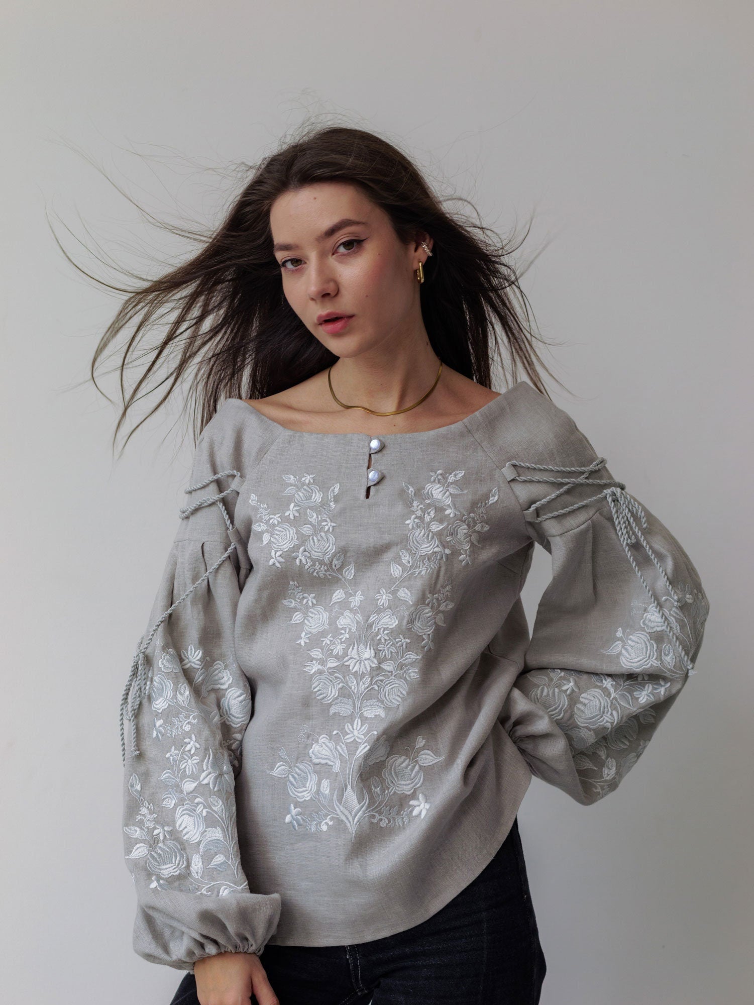 Gray Ukrainian Embroidered Vyshyvanka Blouse - Bohemian Ethnic Peasant Shirt