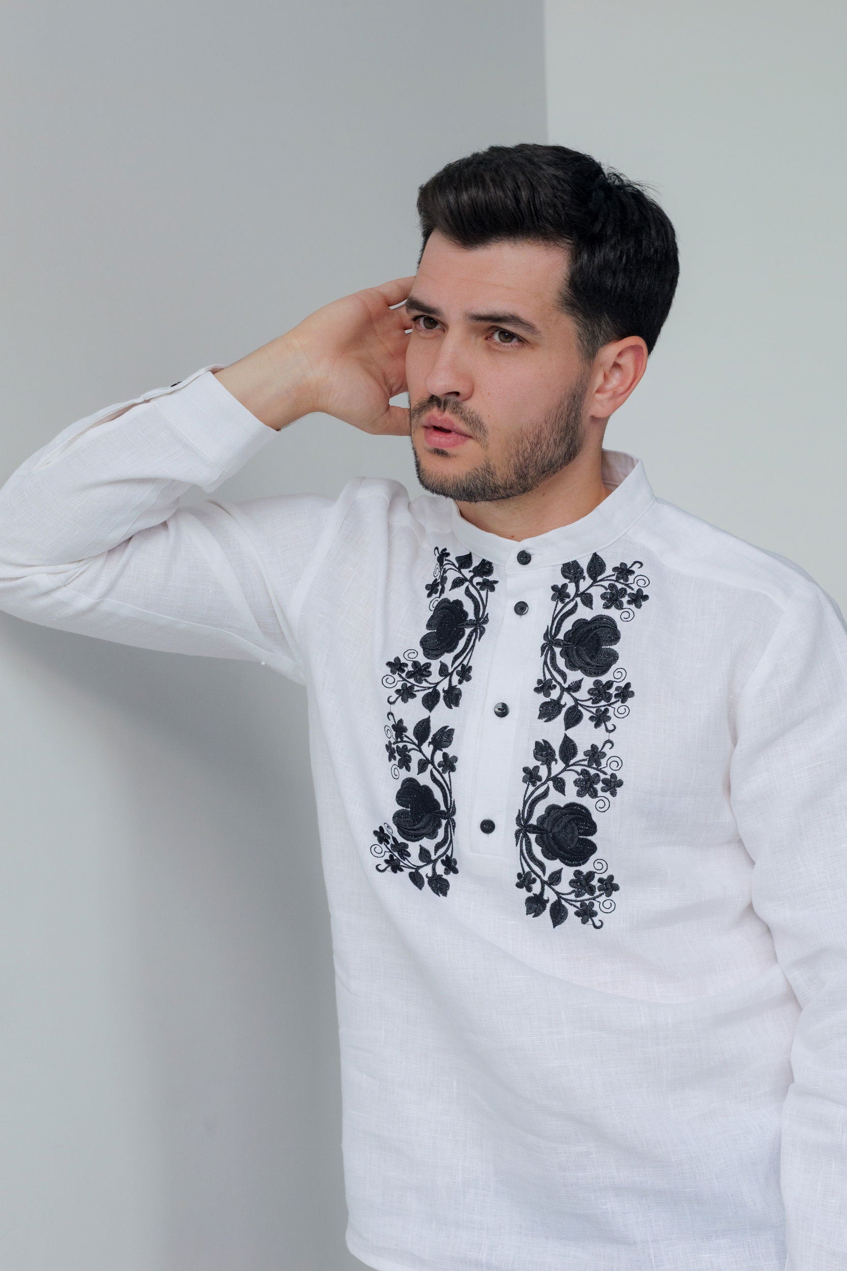 Men's White Linen Ukrainian Vyshyvanka with Black Embroidery