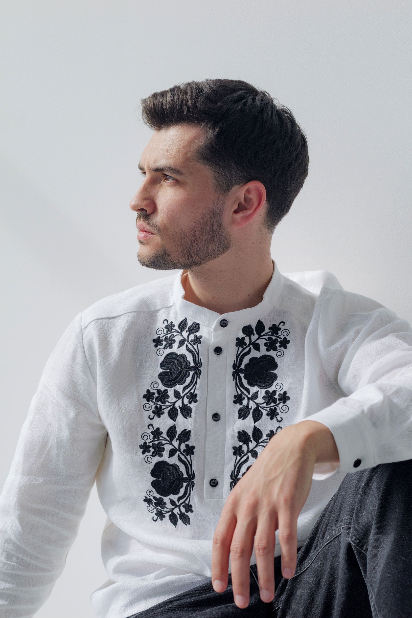 Men's White Linen Ukrainian Vyshyvanka with Black Embroidery