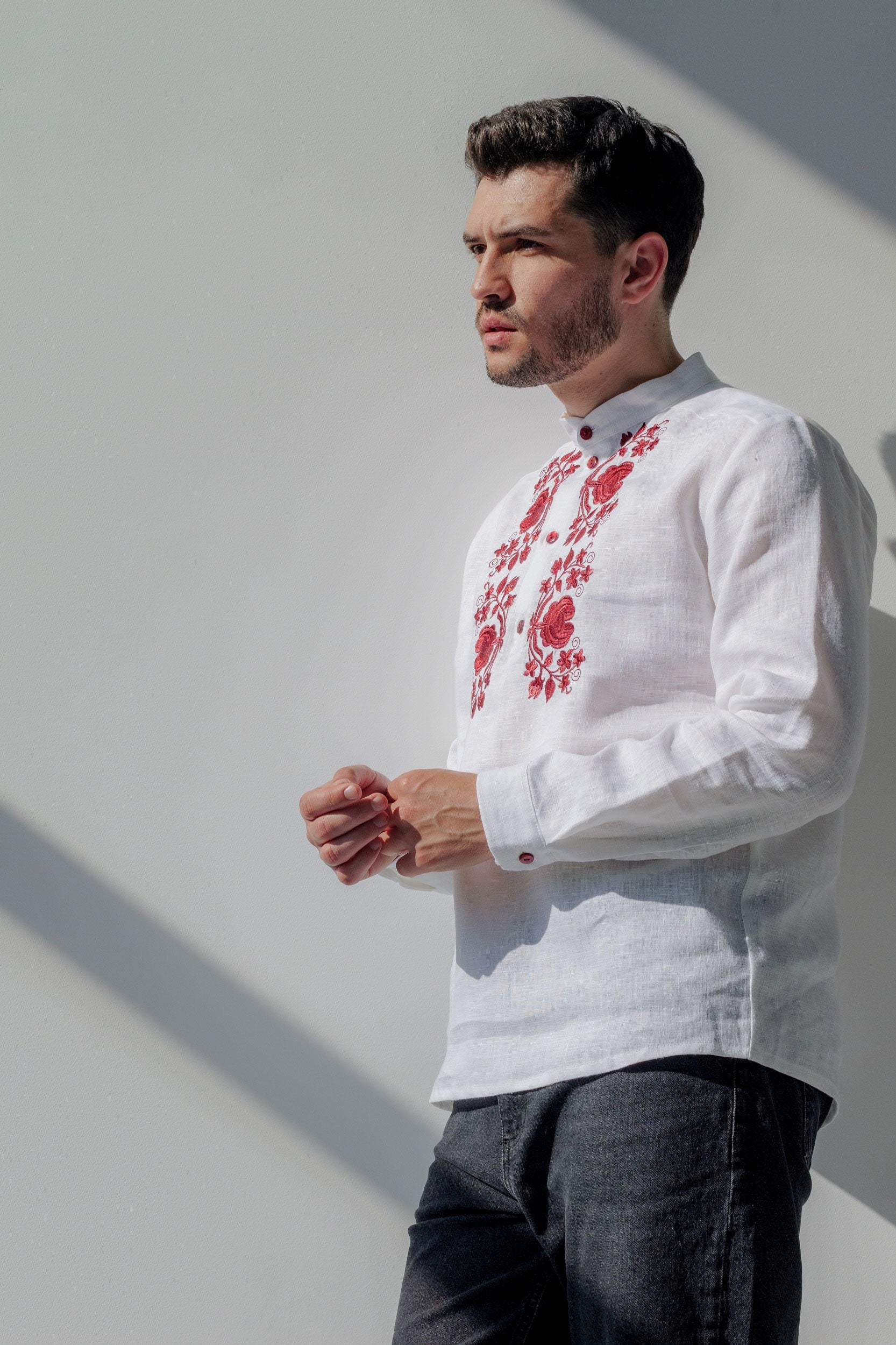 White Linen Vyshyvanka for Men - Red Embroidered Ukrainian Shirt