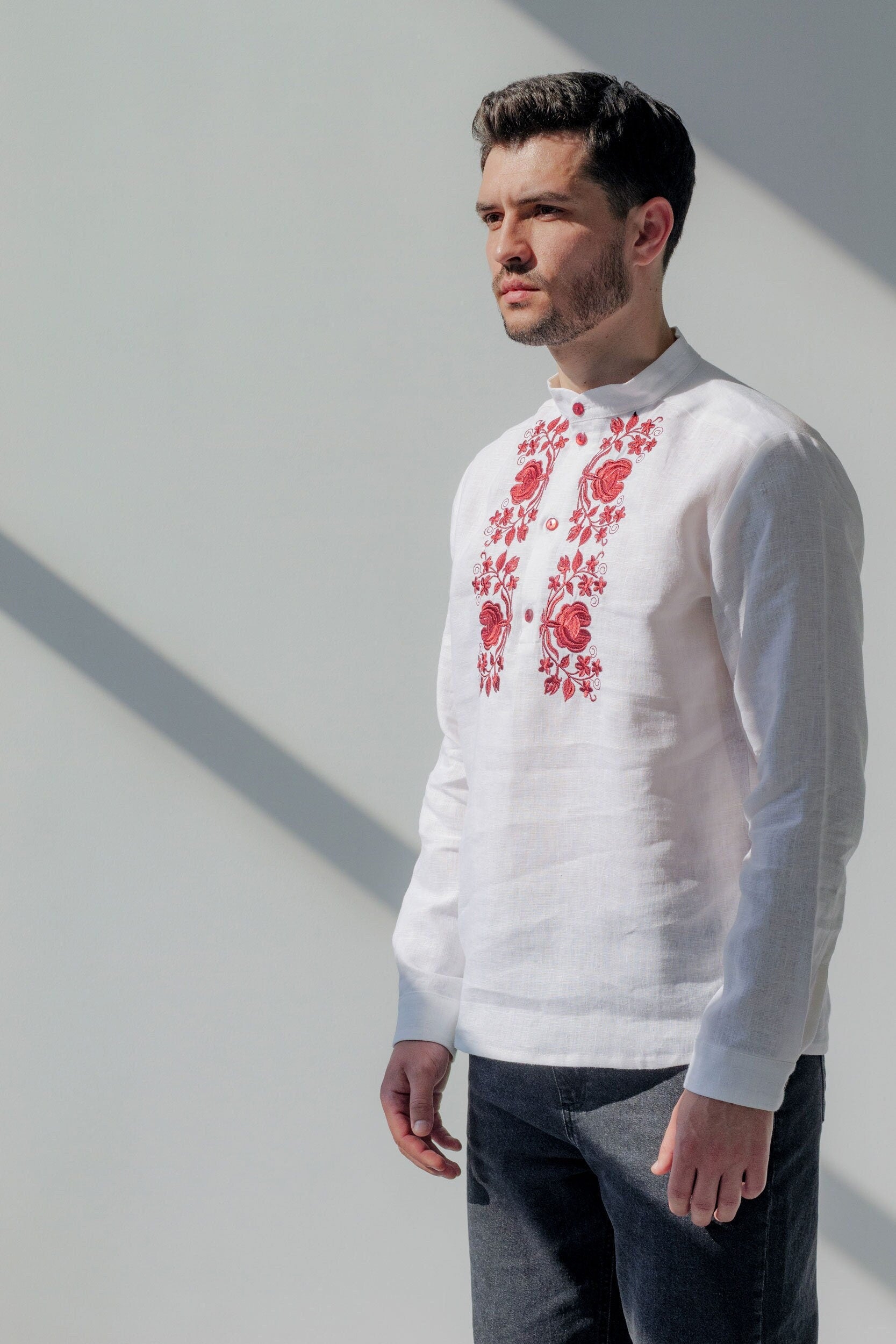 White Linen Vyshyvanka for Men - Red Embroidered Ukrainian Shirt