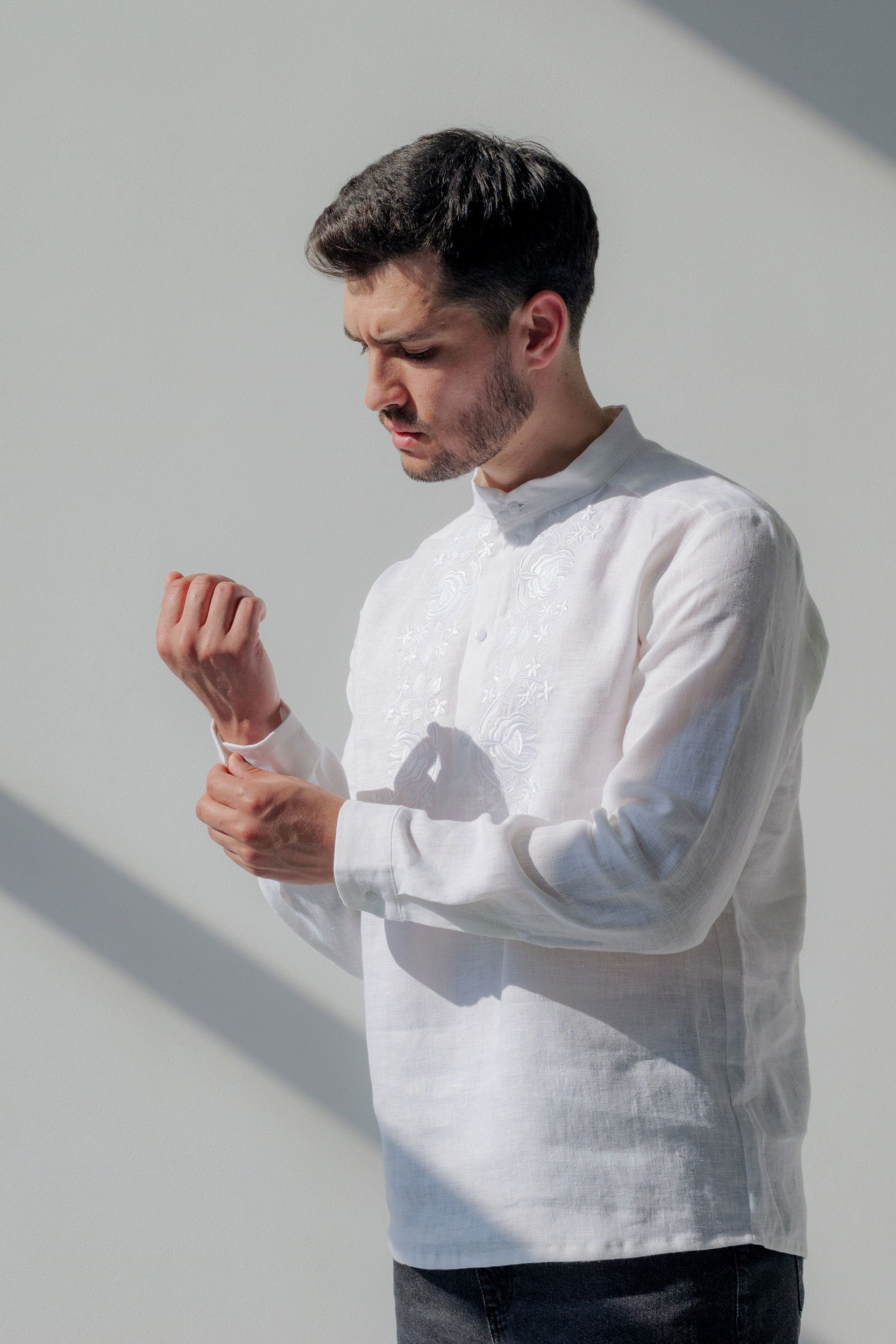 Men's White Linen Vyshyvanka Shirt - Embroidered Ukrainian Tradition