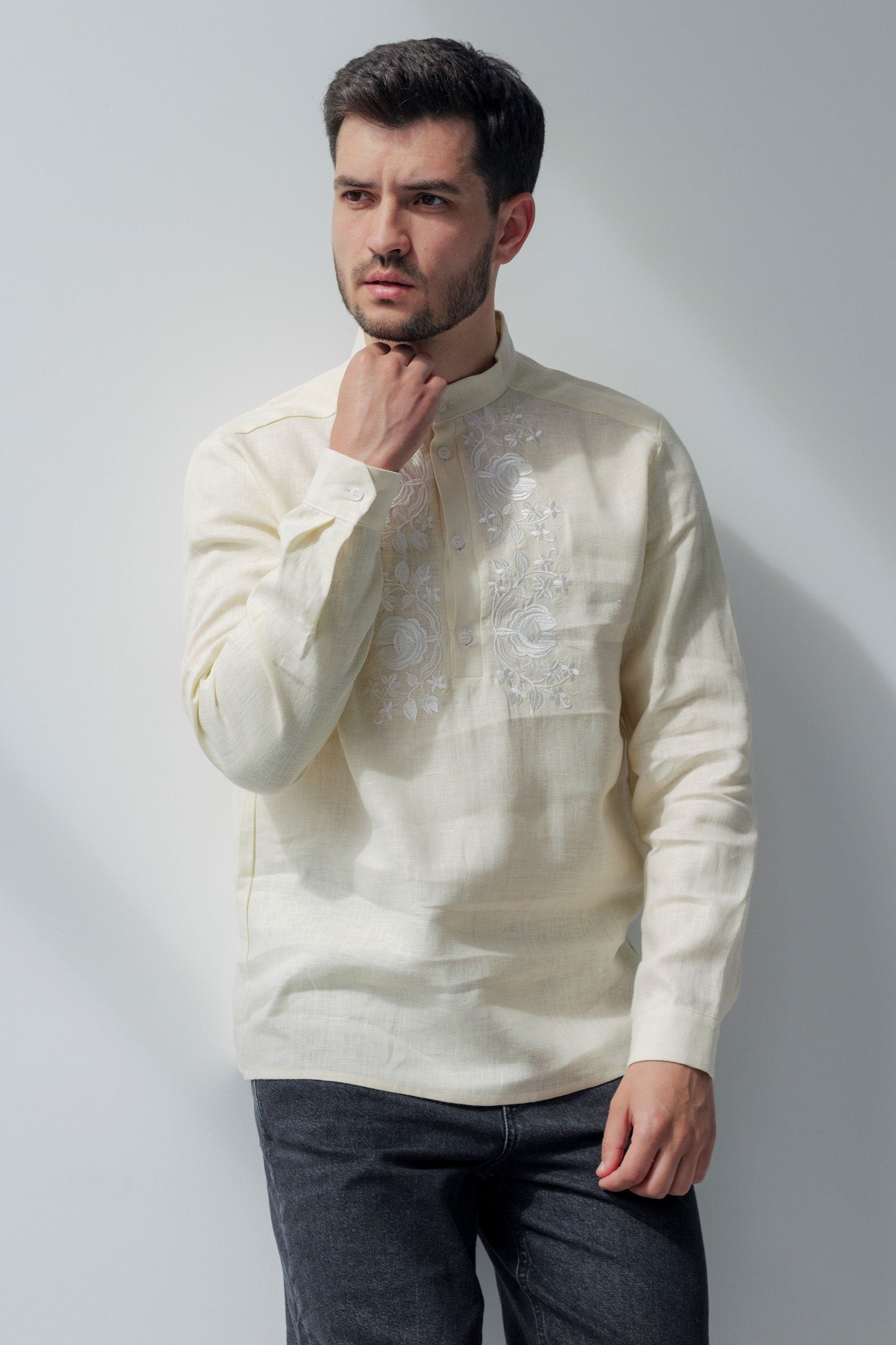 Beige Linen Embroidered Vyshyvanka Shirt for Men