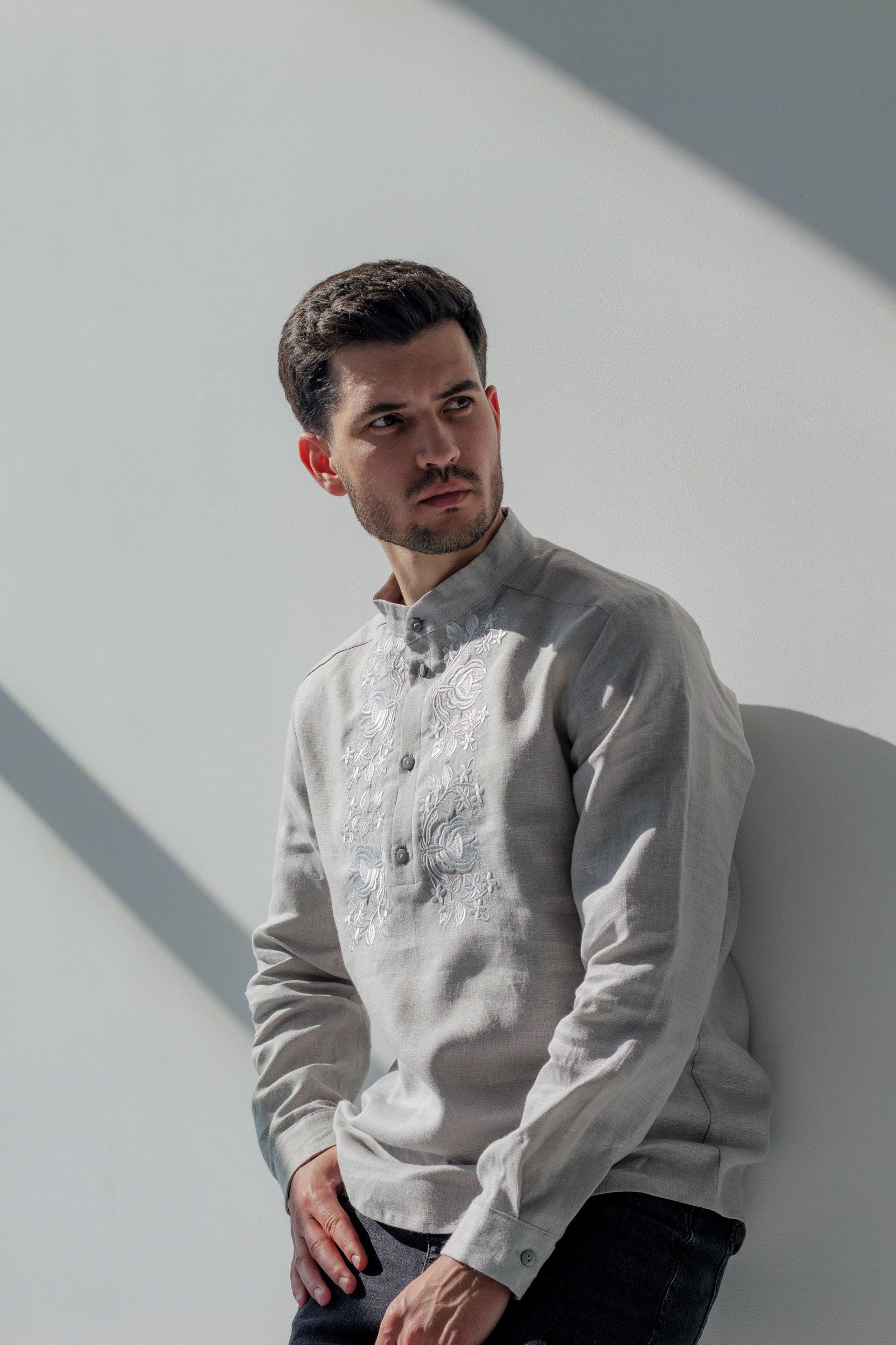 Men's Grey Linen Vyshyvanka Shirt with White Embroidery